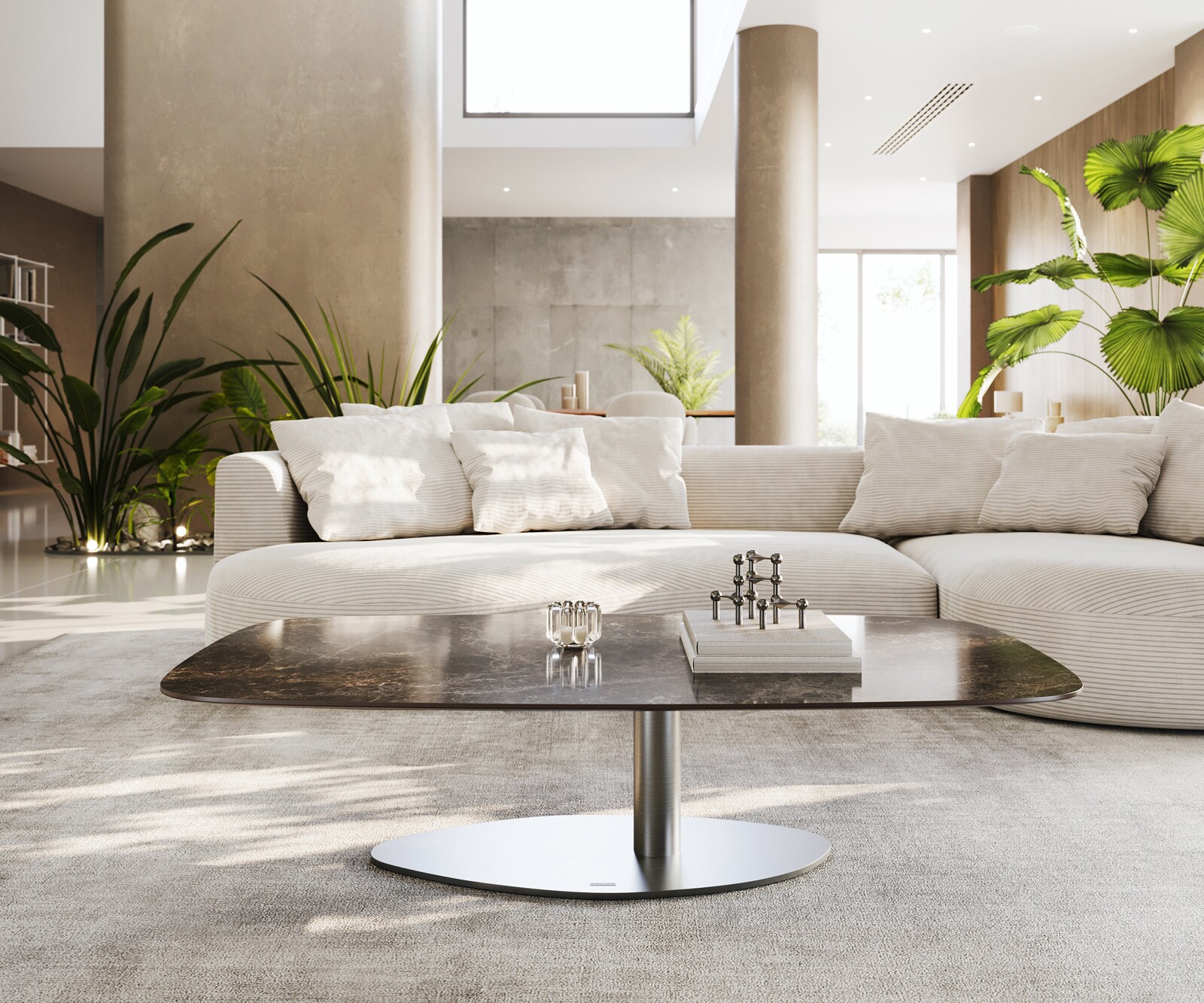 Salontafel Edge Boot 140x80 cm keramiek Laminam® Emperador Extra Lucidato donkerbruin Vibany geborsteld roestvrij staal 2