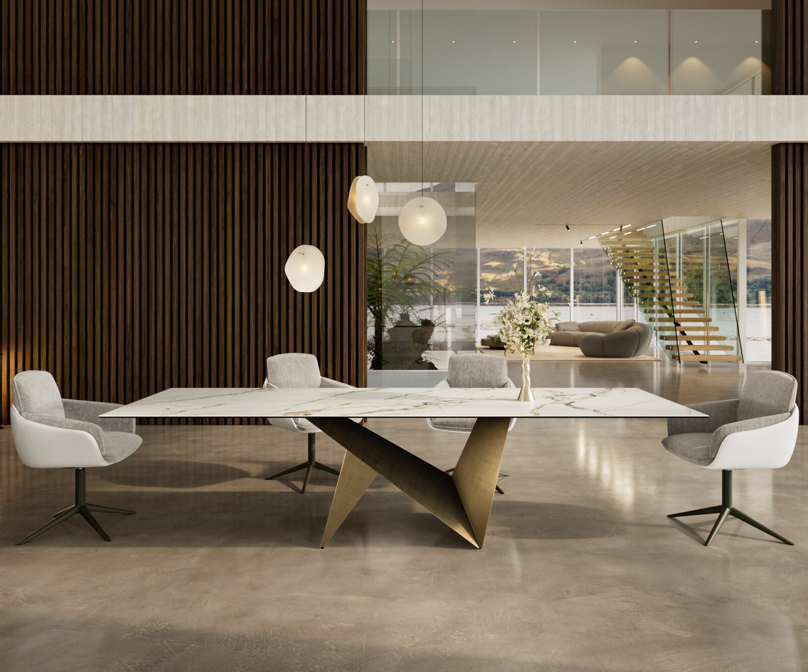 Eettafel Edge 300x100 keramiek  Calacatta Luxe wit-goud-grijs Origami metaal goud