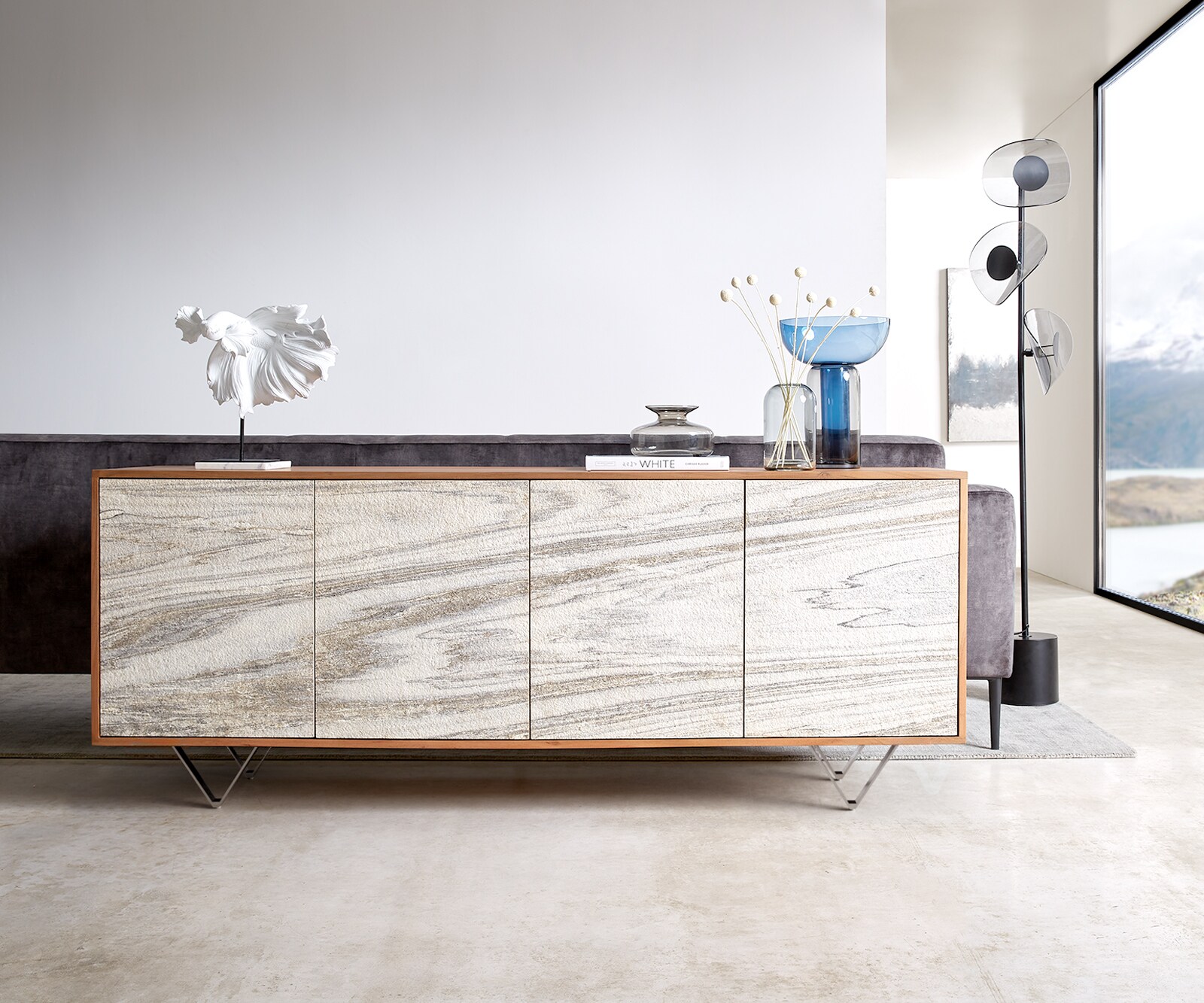 Dressoir Kleo 175 cm natuur acacia 4 deuren V-poot roestvrij staal 1