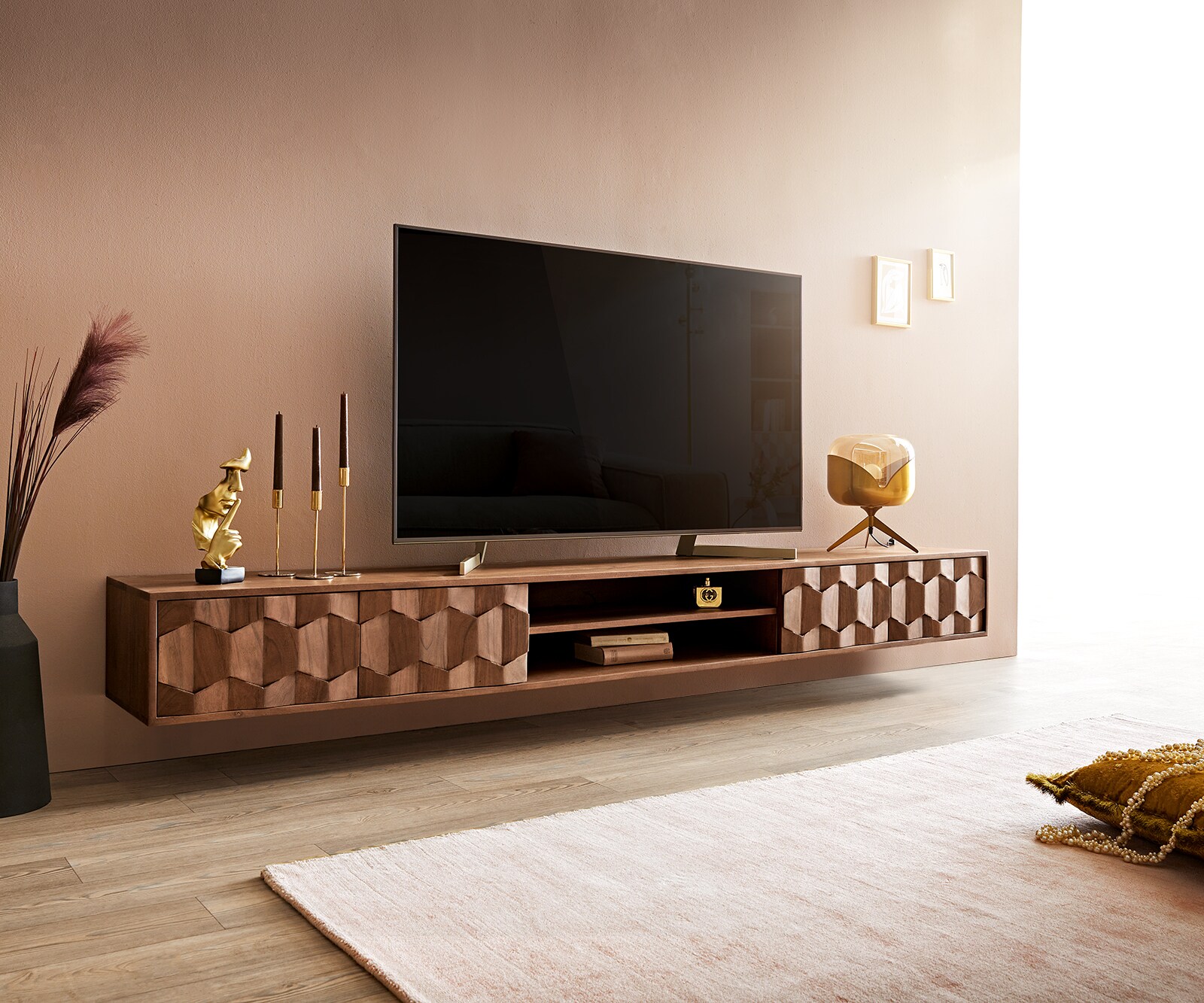 Tv-meubel Fevo 240 cm acacia bruin 4 deuren zwevend
