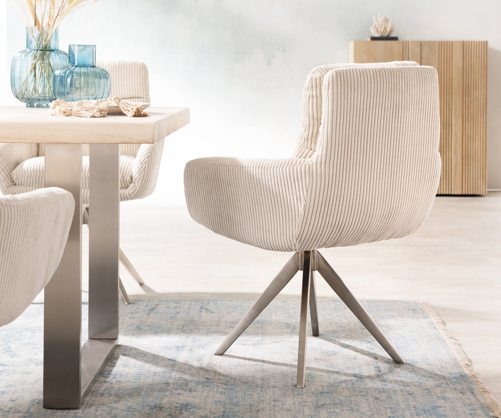 Eetkamerstoel Abelia-Flex met armleuning koord beige kruisframe hoekig roestvrij staal 4 Eetkamerstoel Abelia-Flex met armleuning koord beige kruisframe hoekig roestvrij staal 4