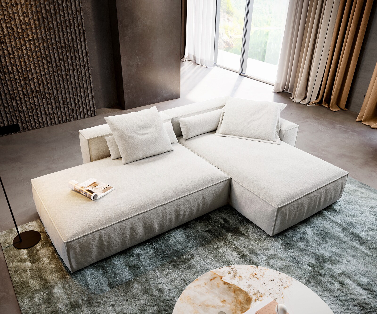 Hoekbank Freestyle 310x200 cm Bouclé zacht Beige kedernaad 4