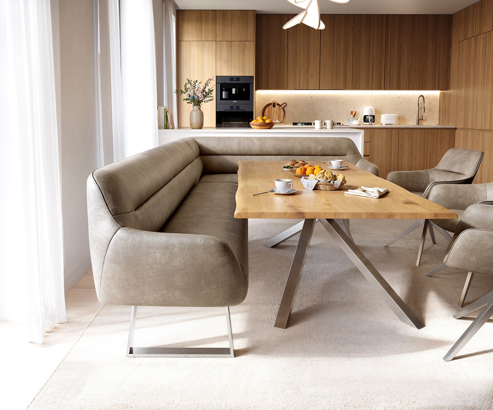 Eetkamerbank Taya-Flex 285x190 cm microvelours beige vintage gekant sledeframe roestvrij staal pocketvering rechts 1