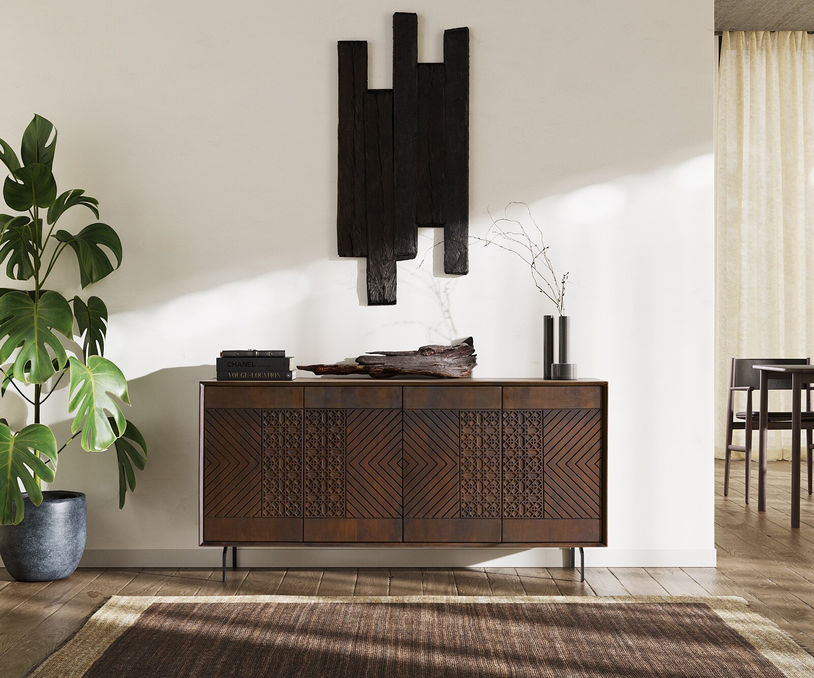 Dressoir Manjula 145 cm mango donkerbruin 4 deuren hoekpoot metaal zwart 1