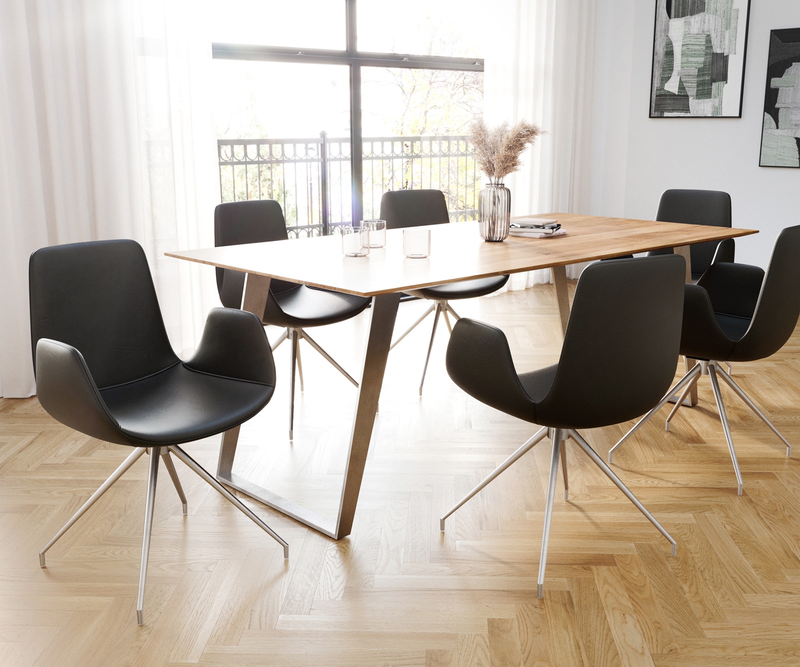 Eetkamerstoel Ilia-Flex met armleuning echt leer zwart kruisframe conisch roestvrij staal 3 Eetkamerstoel Ilia-Flex met armleuning echt leer zwart kruisframe conisch roestvrij staal 3