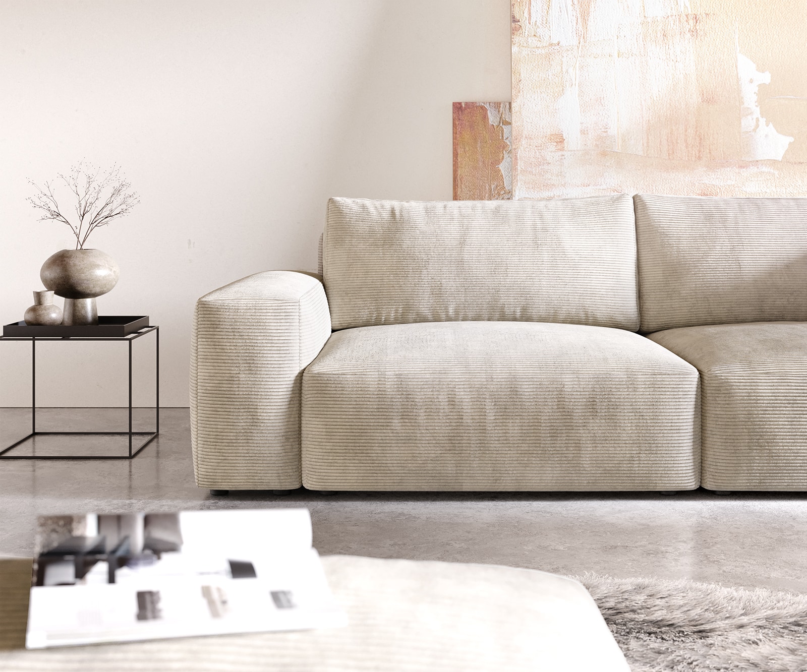 Big-sofa Lanzo XL 270x130 cm corduroy beige met poef 4 Big-sofa Lanzo XL 270x130 cm corduroy beige met poef 4