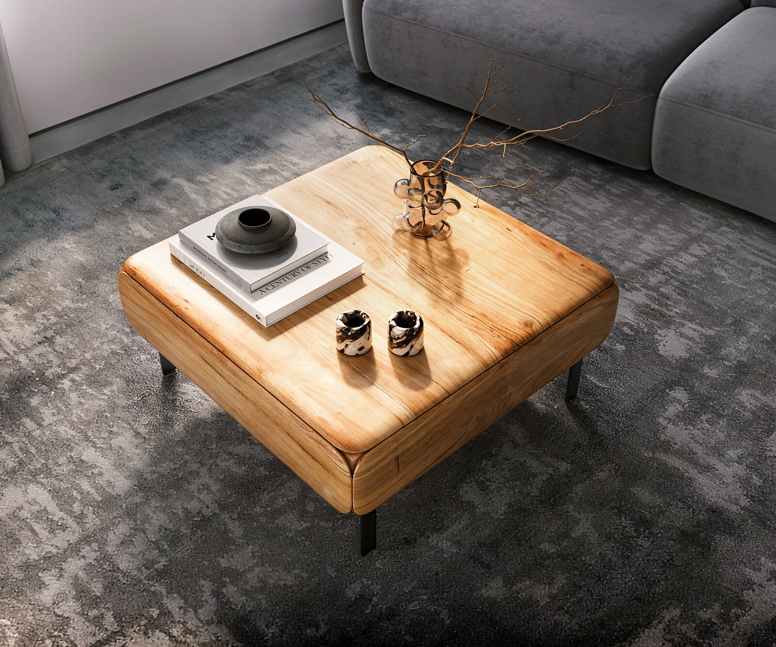 Salontafel Shavani 90x90 cm acacia natuur 2 deuren L-poot metaal zwart 4 Salontafel Shavani 90x90 cm acacia natuur 2 deuren L-poot metaal zwart 4