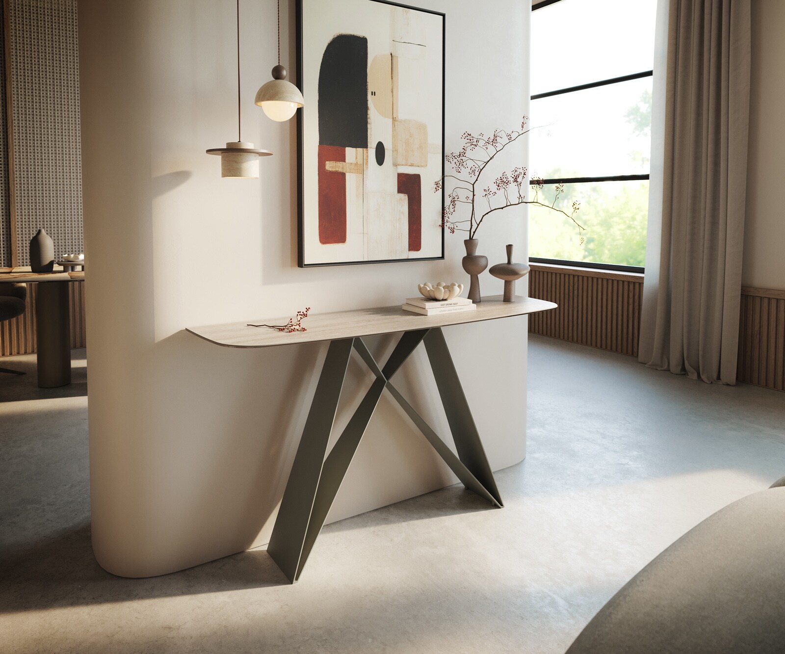 Consoletafel Edge Bootvorm 140x40 cm Keramiek Laminam® Travertino Bianco Creme-Weiß Velio Metaal Effektfinish Titan 4