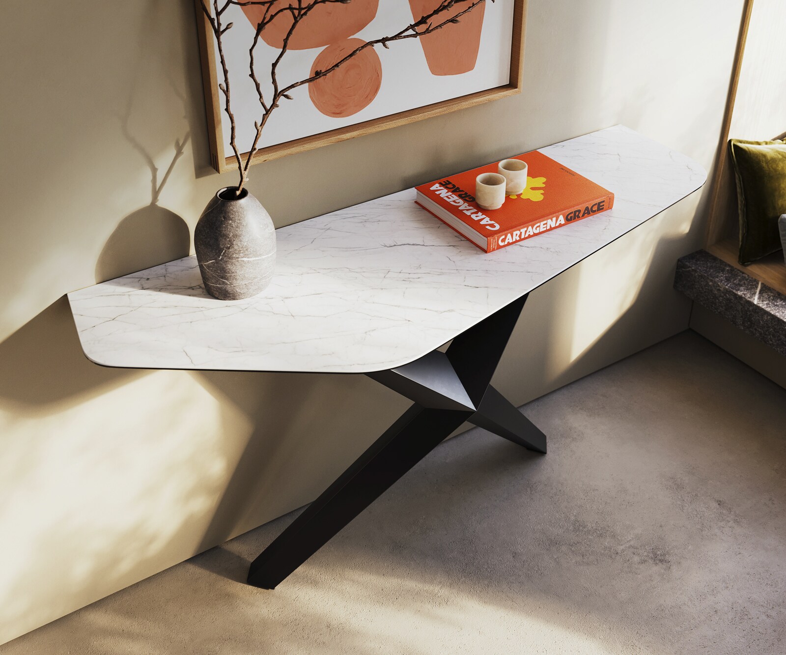 Consoletafel Edge Polygonaal 140x50 cm Keramiek Laminam® Statuarietto Weiß Zentharo Metaal Zwart 2