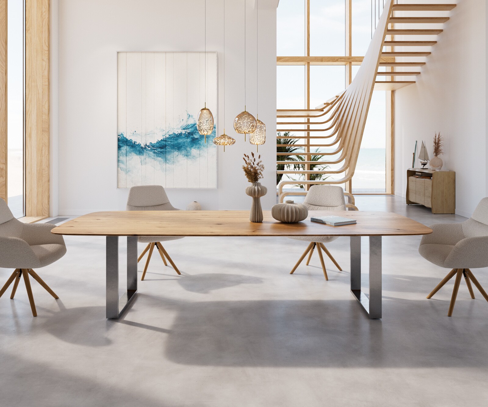 Eettafel Edge Boot 300x120x2,5-3 eiken natuur roestvrij staal  smal  Schweizer Kante 2