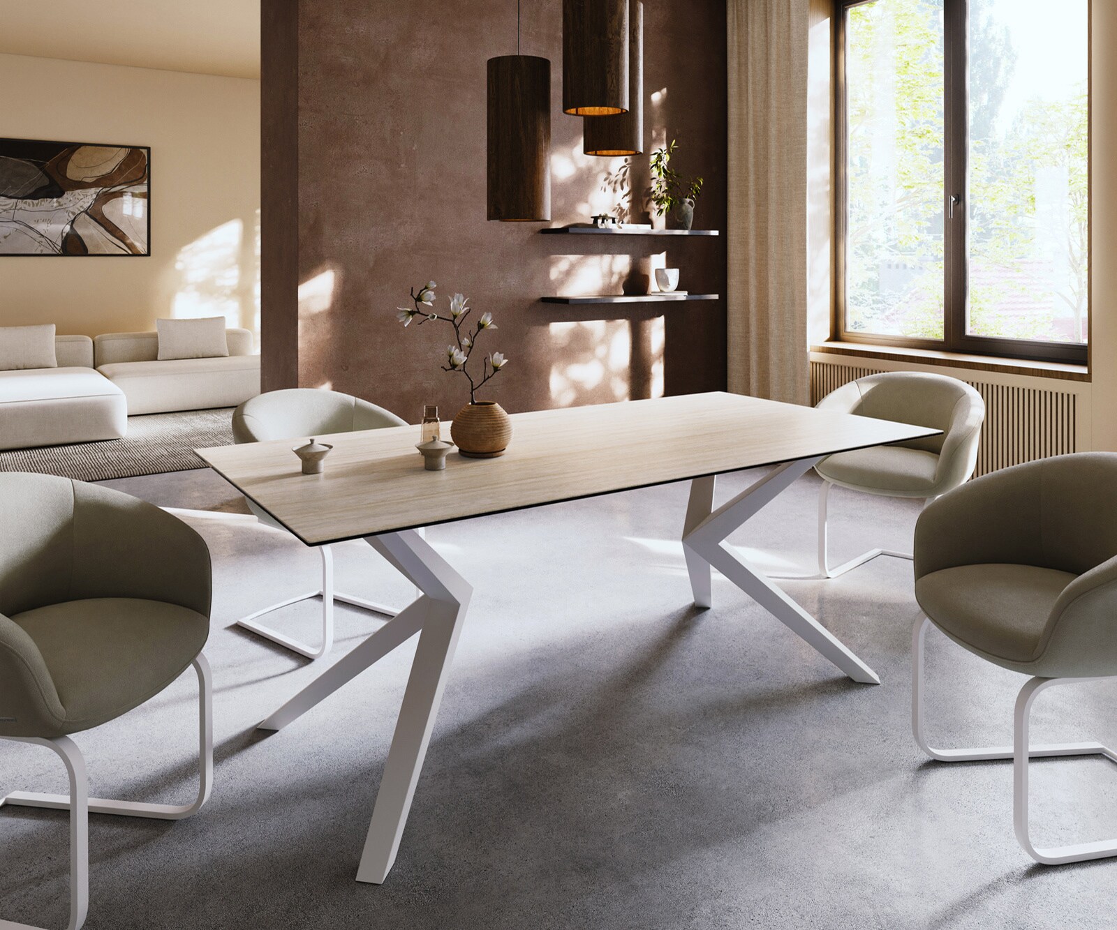 Eettafel Edge 200x100 keramiek  Laminam® Travertino Bianco Creme-wit Zenthara kantig metaal wit 2