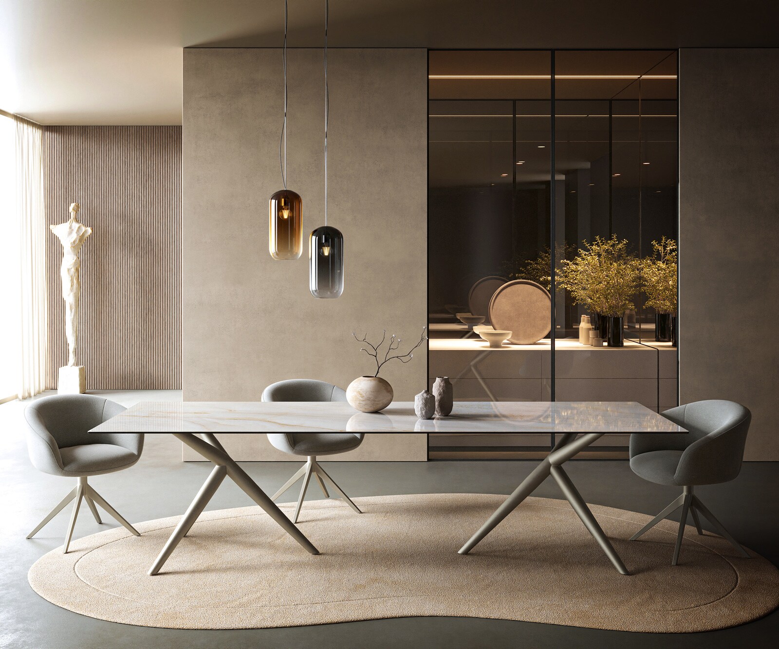 Eettafel Edge 300x100 cm keramiek Onyx Pearl Estelar rond metaal effectfinish titan 1