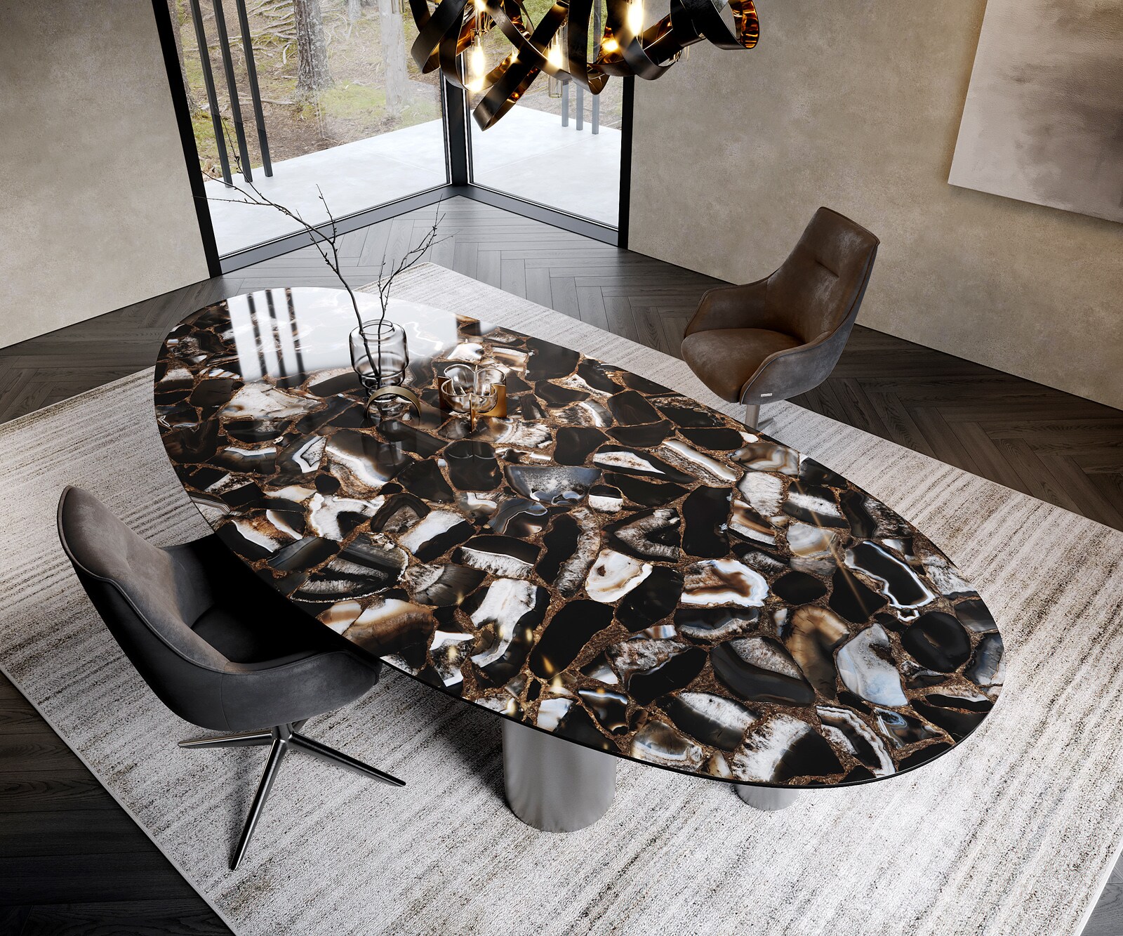 Eetkamertafel Edge ovaal 280x130 keramiek Iris FMG Agatablack Pilier roestvrij staal grafiet 1