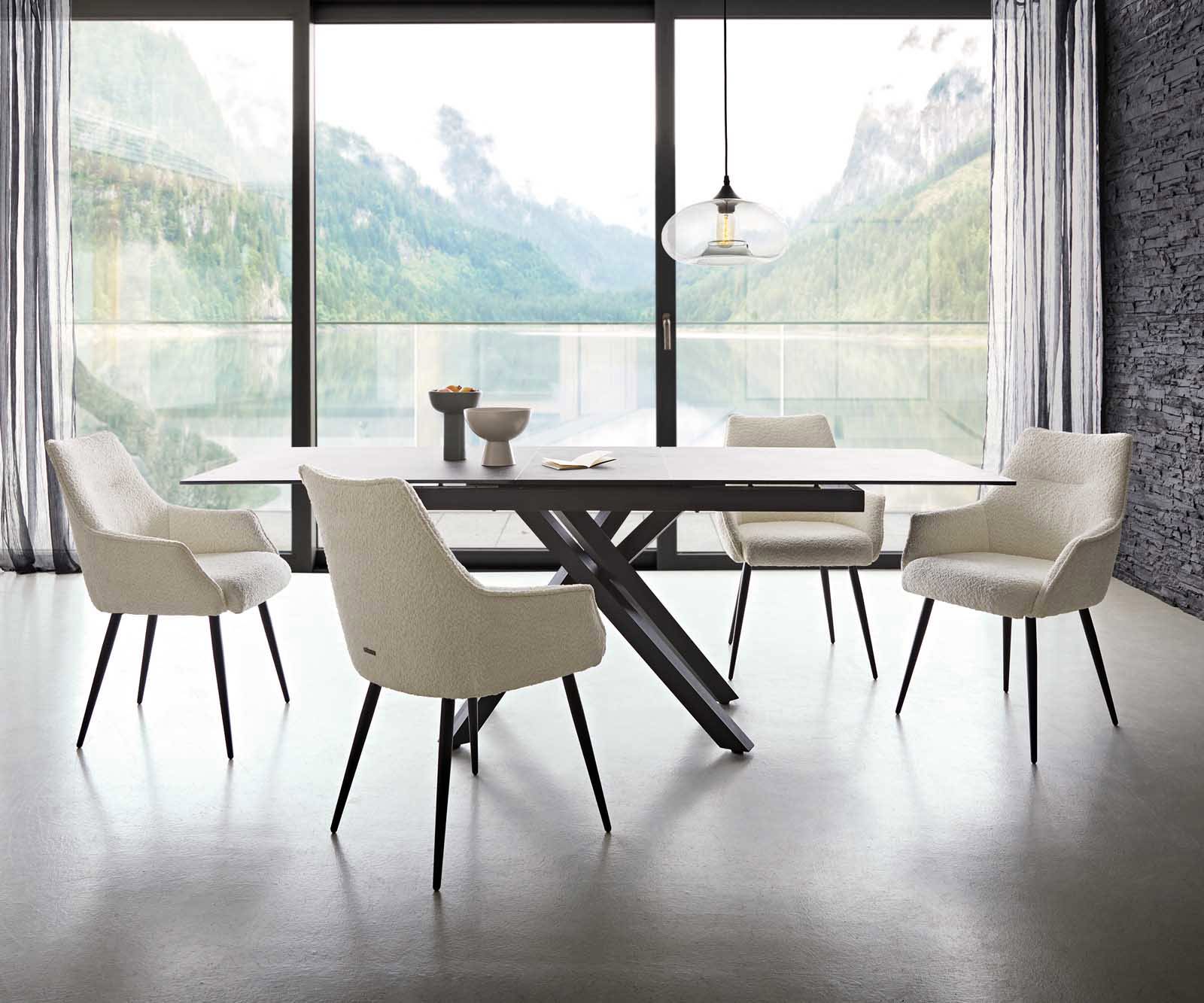 Eetkamerstoel Alja-Flex met armleuning bouclé wit 4-poot conisch zwart pocketveer kern 3 Eetkamerstoel Alja-Flex met armleuning bouclé wit 4-poot conisch zwart pocketveer kern 3