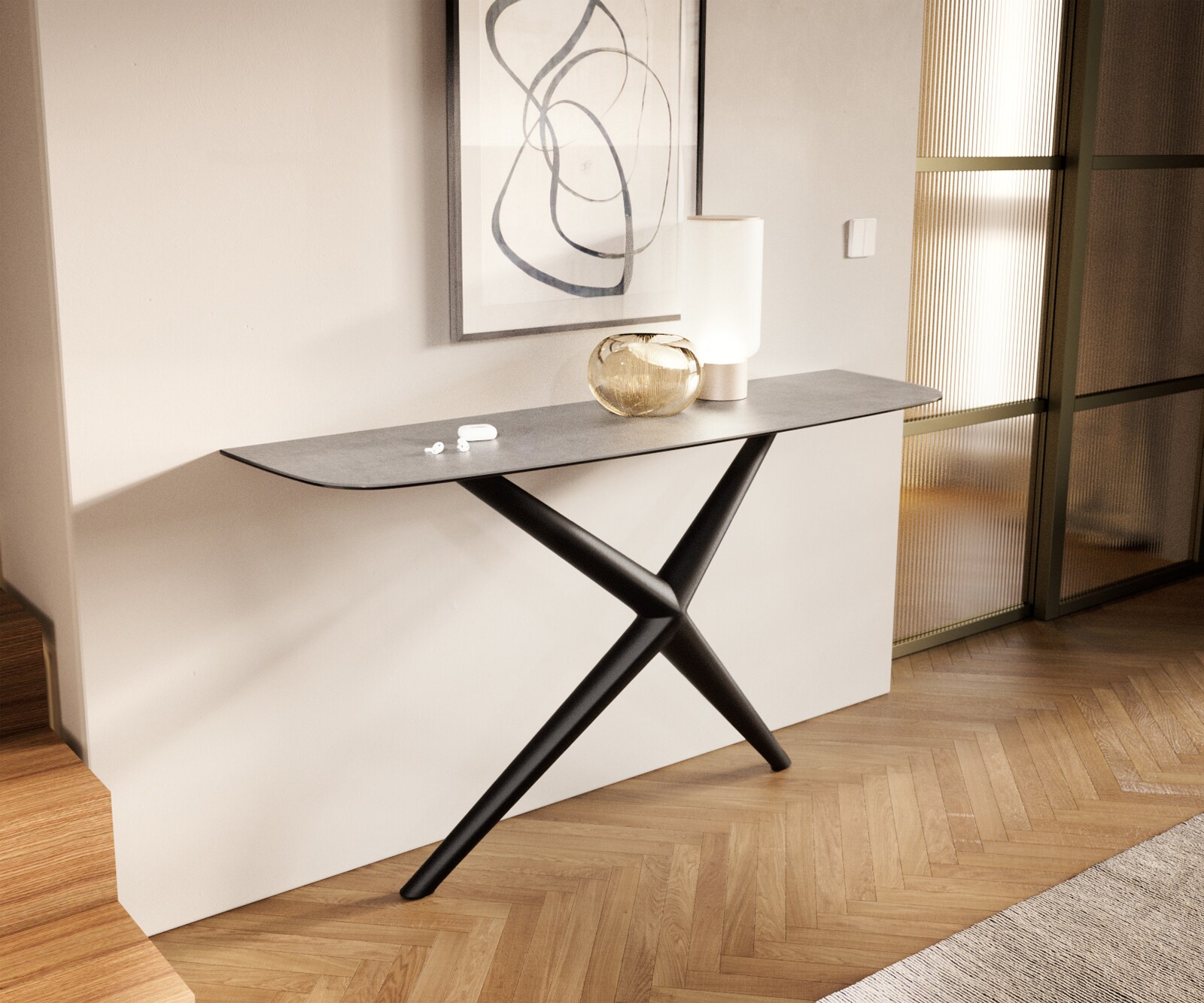 Consoletafel Edge Bootvorm 140x40 cm Keramiek Betongrijs Estelo Metaal Zwart