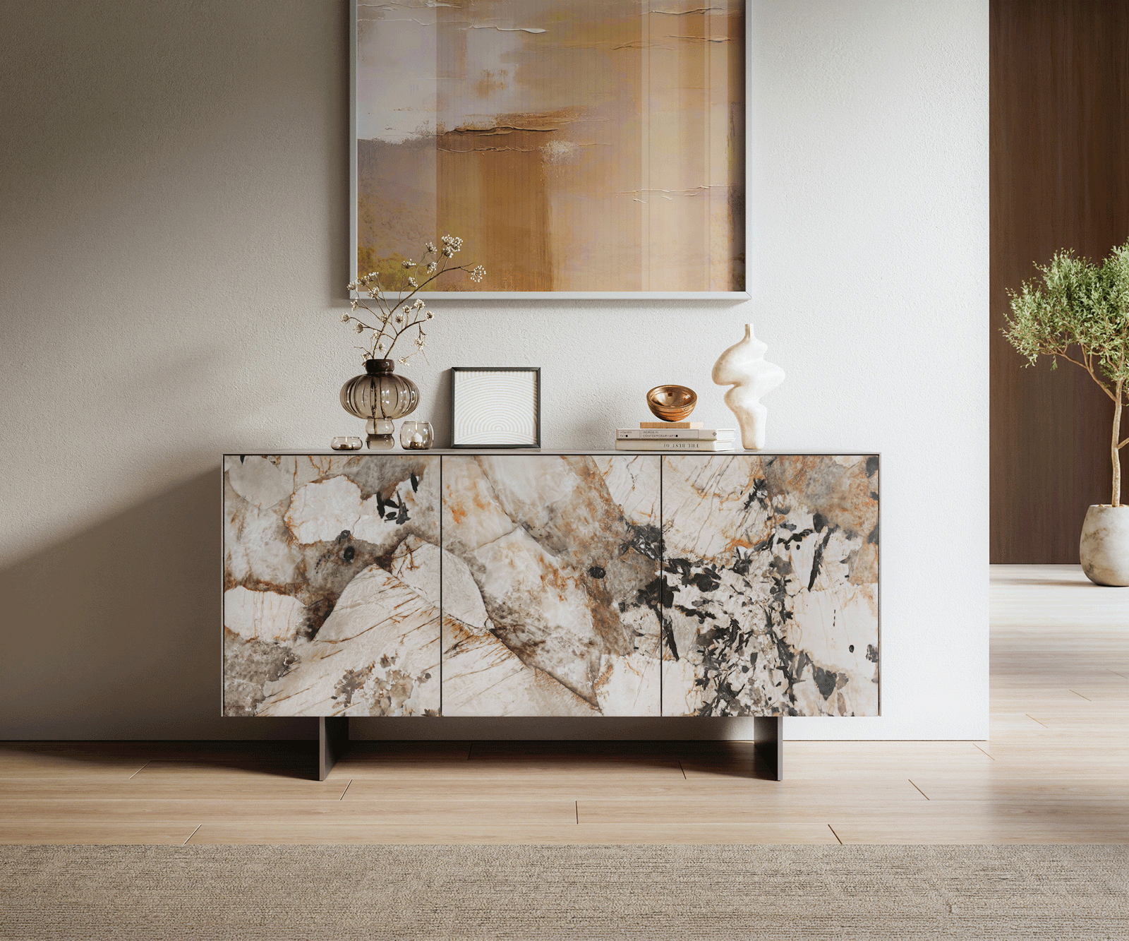 Dressoir Cuor 150 cm Keramiek Patagonia gepolijst 3 Deuren Zwevende voet look Roestvrij staal 2