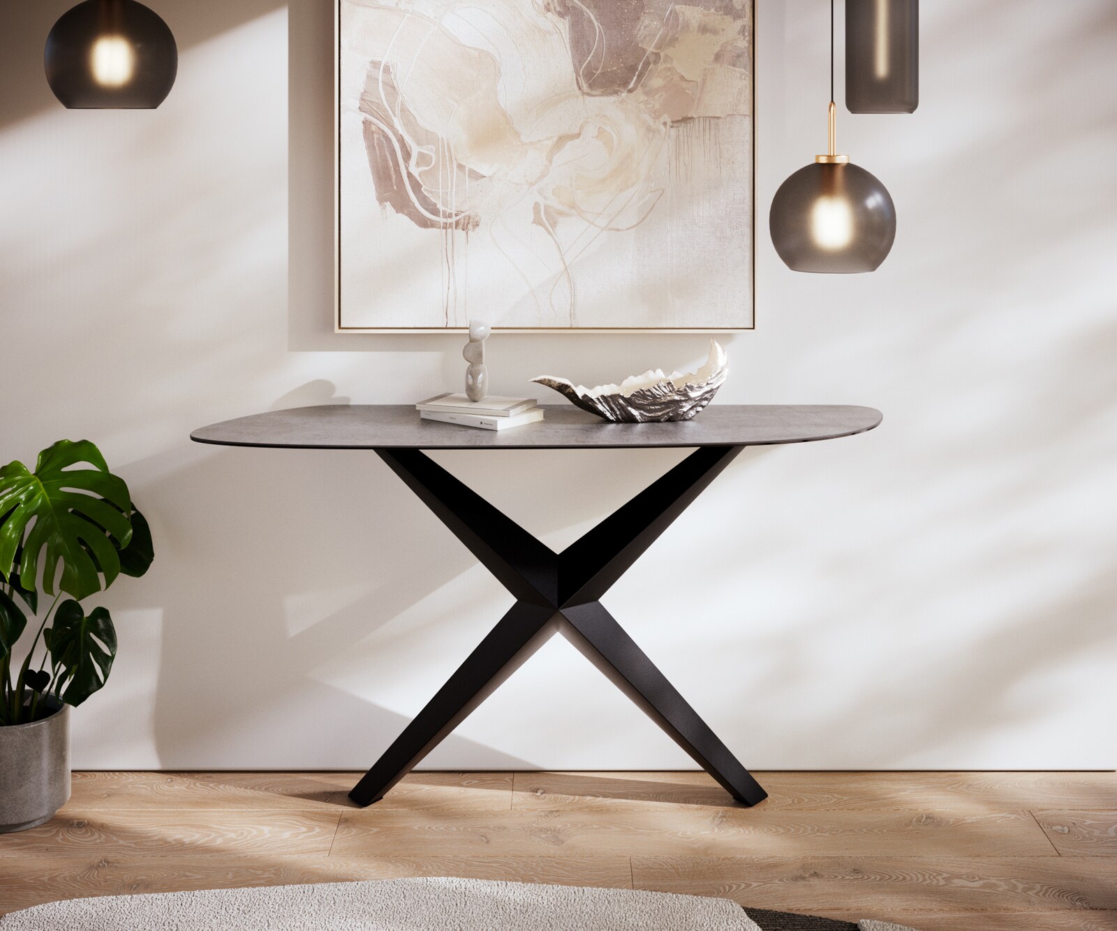 Consoletafel Edge Organisch 140x40 cm Keramiek Beton Grijs Zentharo Metaal Zwart 1