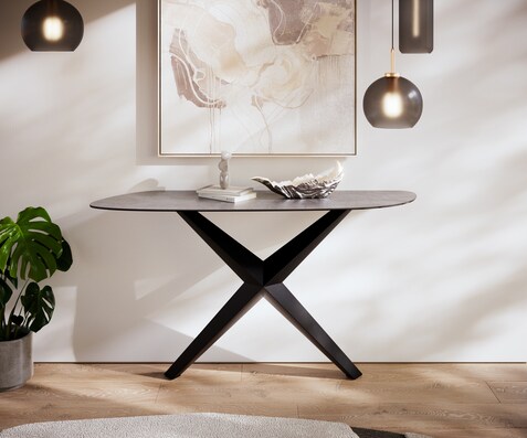 Consoletafel Edge Organisch 140x40 cm Keramiek Beton Grijs Zentharo Metaal Zwart