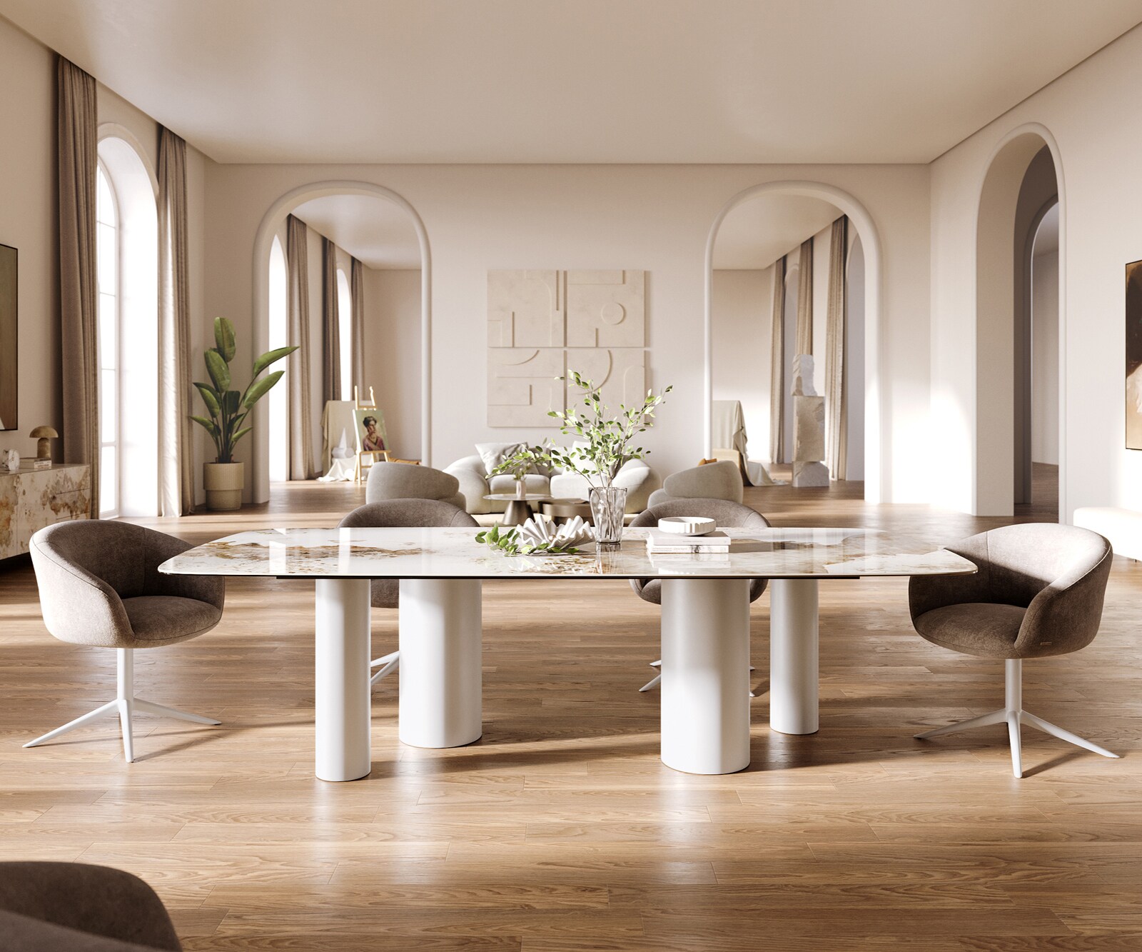Eettafel Edge Boot 260x120 cm Keramiek Minas Melange Wit-Beige Pilier Metaal Wit 2