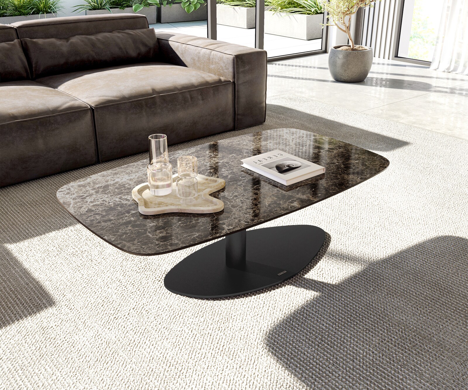 Salontafel Edge Boot 120x70 cm keramiek Laminam® Emperador Extra Lucidato donkerbruin Vibany zwart metaal 1