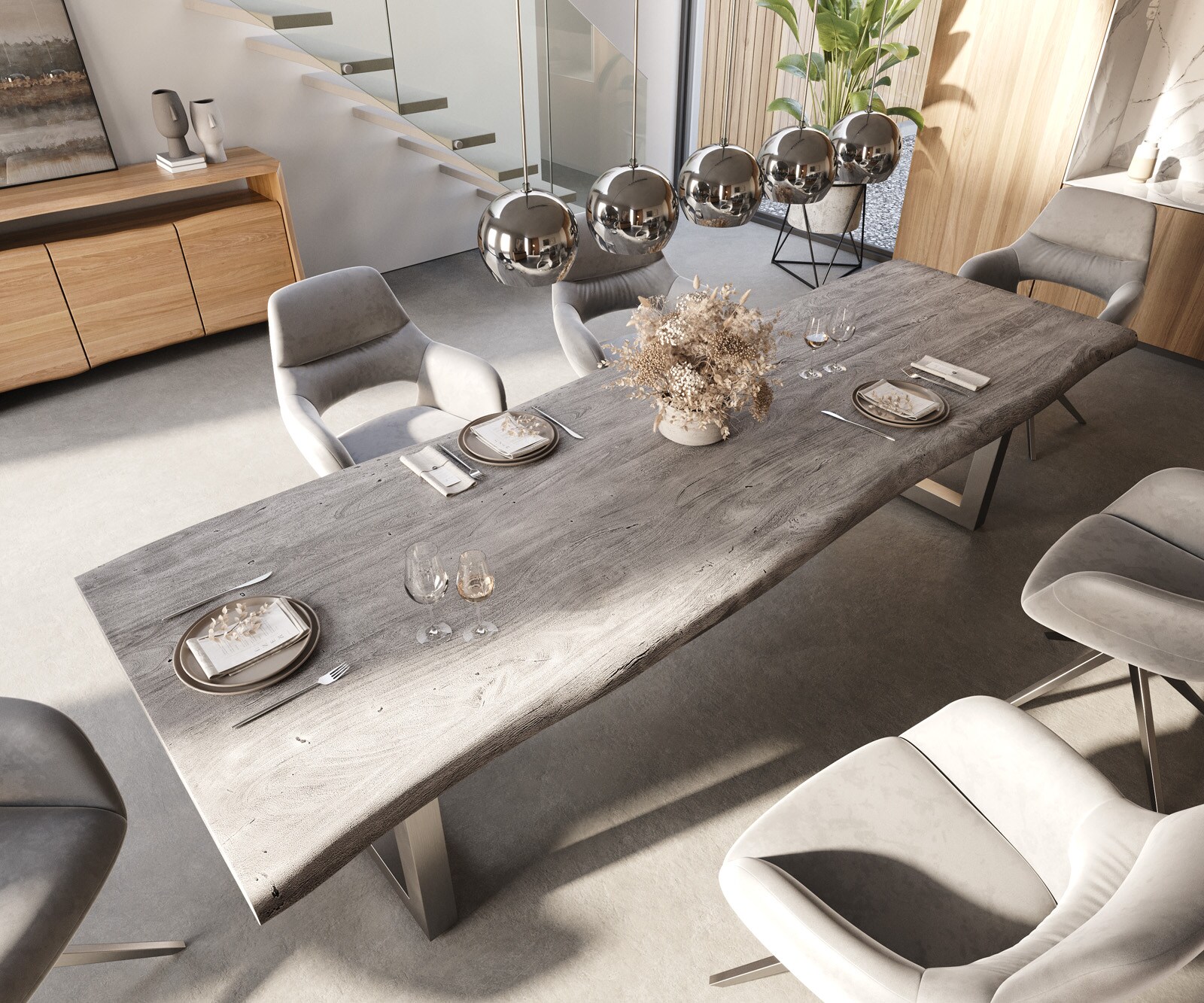 Eettafel Edge 300x100 XL acacia platina roestvrijstaal breed Live-Edge 4