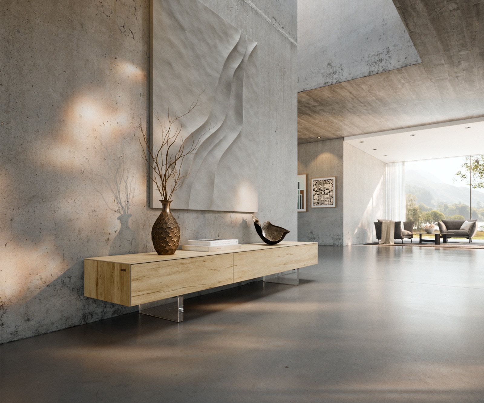 Tv-meubel Cuor 200 cm Keramiek Laminam® Sabbia Eiken gekleurd 1 Flap 1 Lade Zwevende voet look Acrylglas Tv-meubel Cuor 200 cm Keramiek Laminam® Sabbia Eiken gekleurd 1 Flap 1 Lade Zwevende voet look Acrylglas