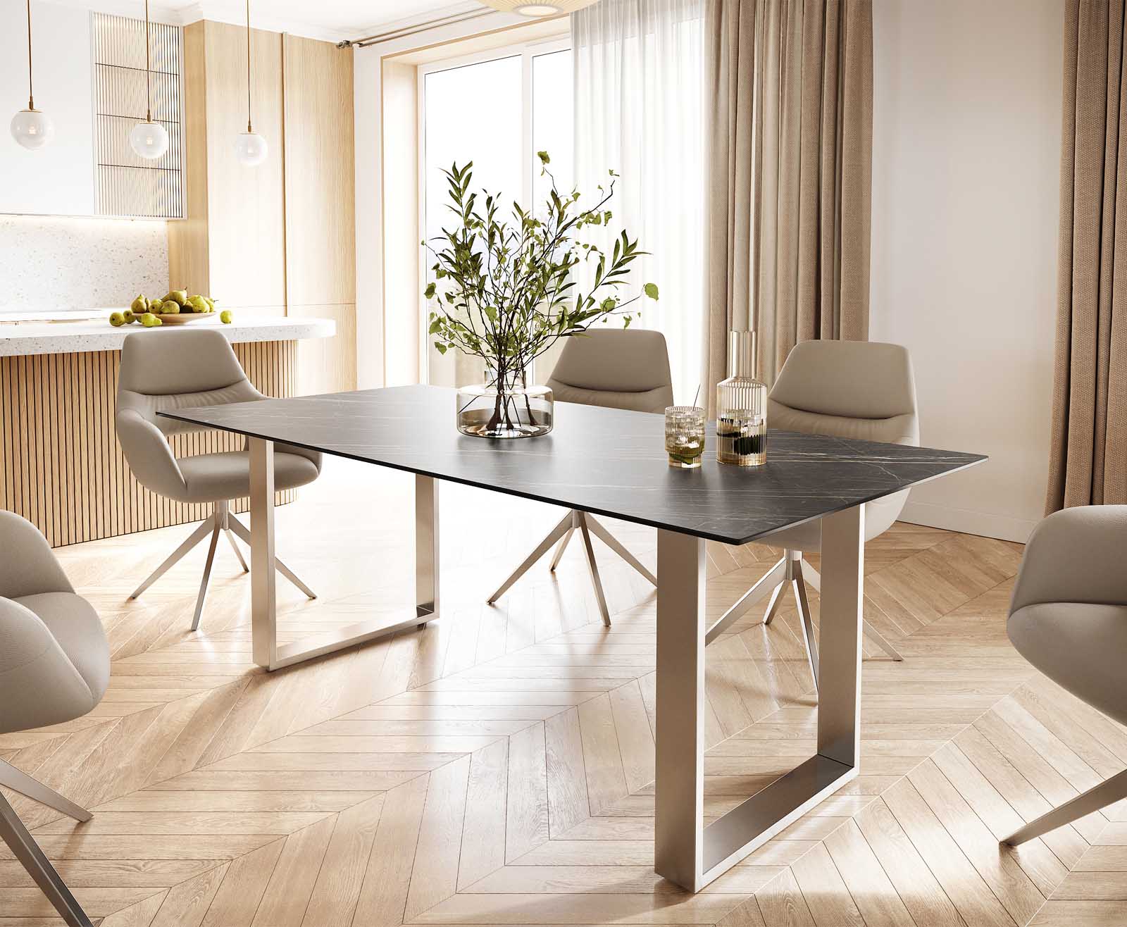 Eettafel Edge 200x100 keramiek Laminam® Noir Desir bruin roestvrij staal smal