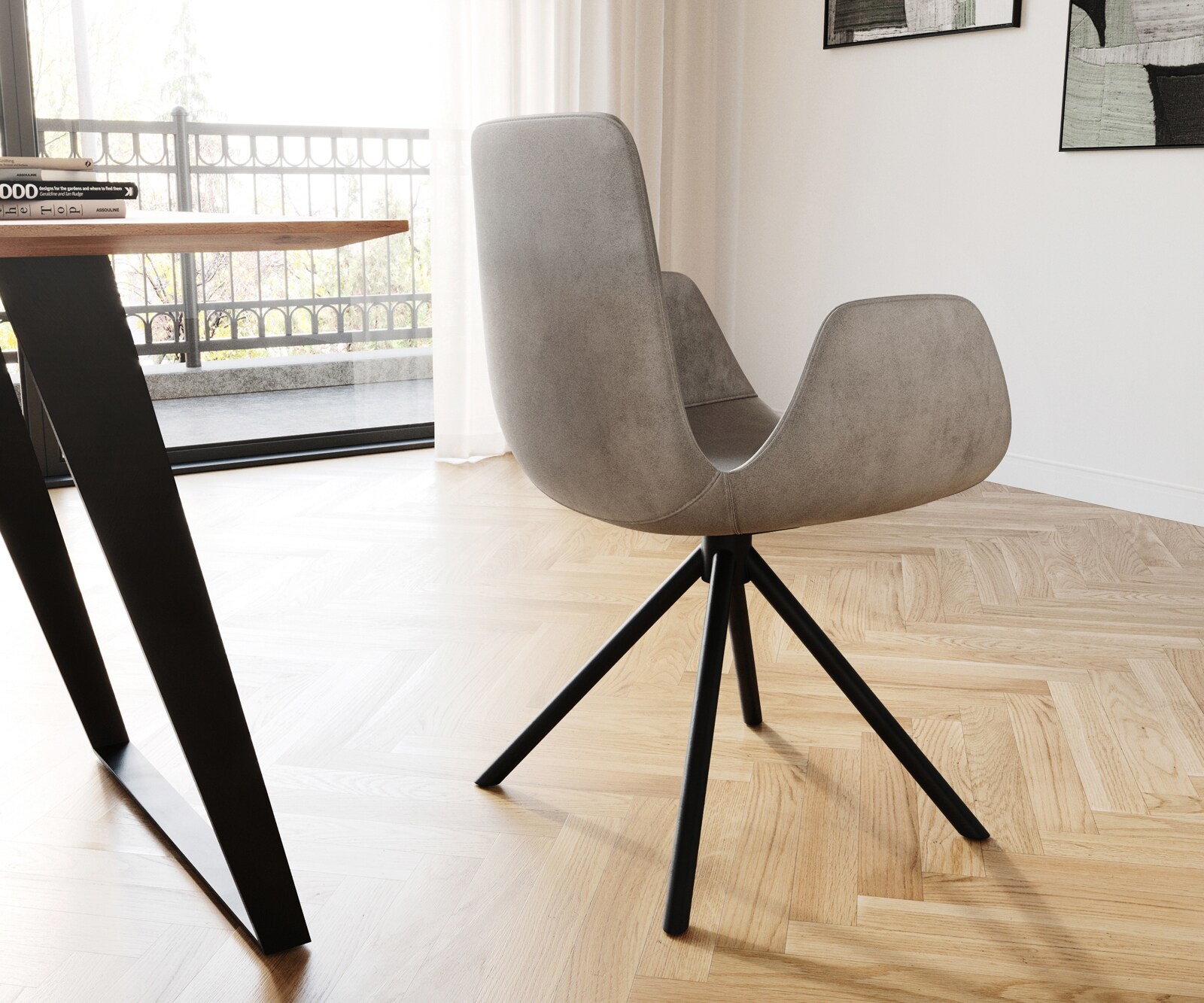 Eetkamerstoel Ilia-Flex met armleuning fluweel grijs kruisframe conisch zwart 4 Eetkamerstoel Ilia-Flex met armleuning fluweel grijs kruisframe conisch zwart 4