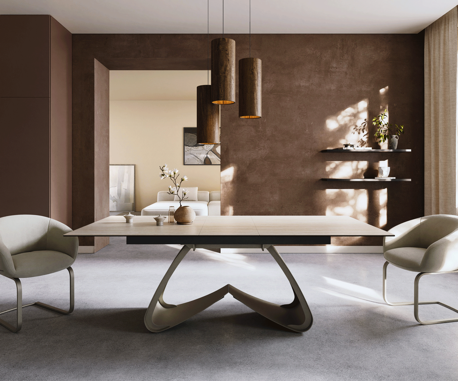 Eettafel Edge 180-220x90 keramiek  Laminam® Travertino Bianco Creme-wit W-frame effectafwerking Titan uitrekbaar 2