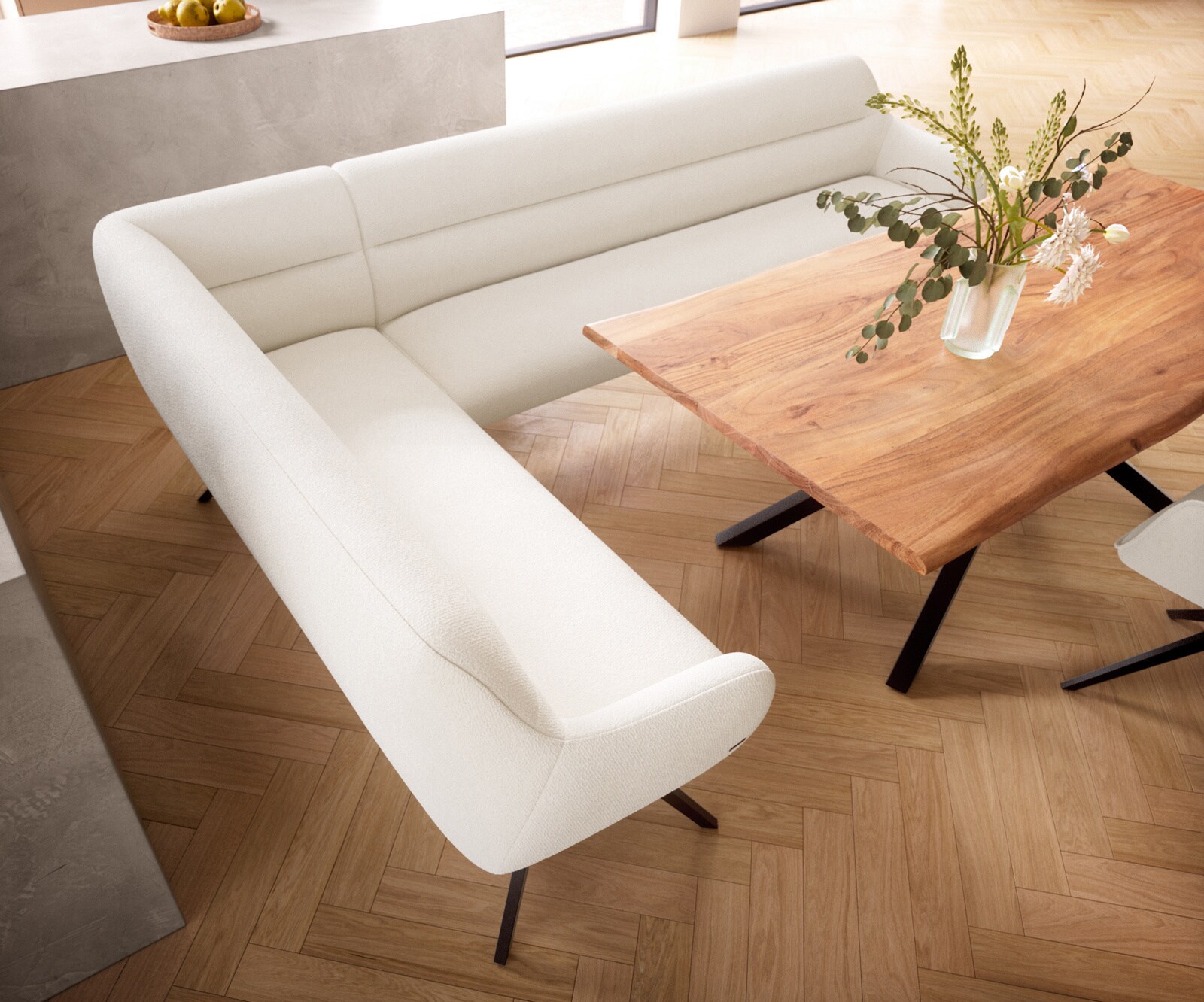 Eetkamerbank Taya-Flex 285x190 cm bouclé crème-wit hoekig kruisframe zwart pocketvering rechts 4