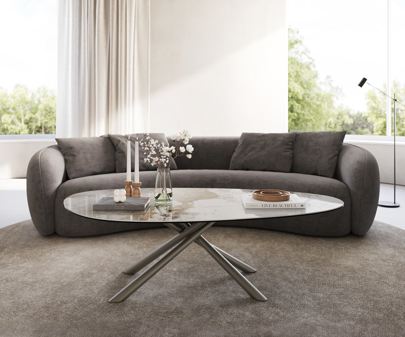 Salontafel Edge Oval 140x75 cm keramiek Minas Melange Sarity Metall effectafwerking titaan 2