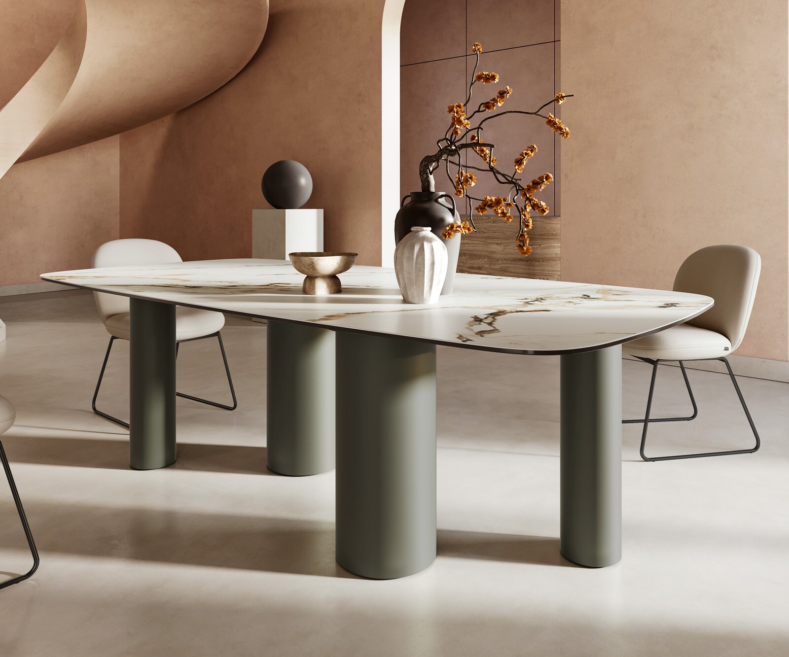 Eettafel Edge boot 240x120cm keramiek Calacatta Luxe wit-goud-grijs pilier metaal effect afwerking titanium 5