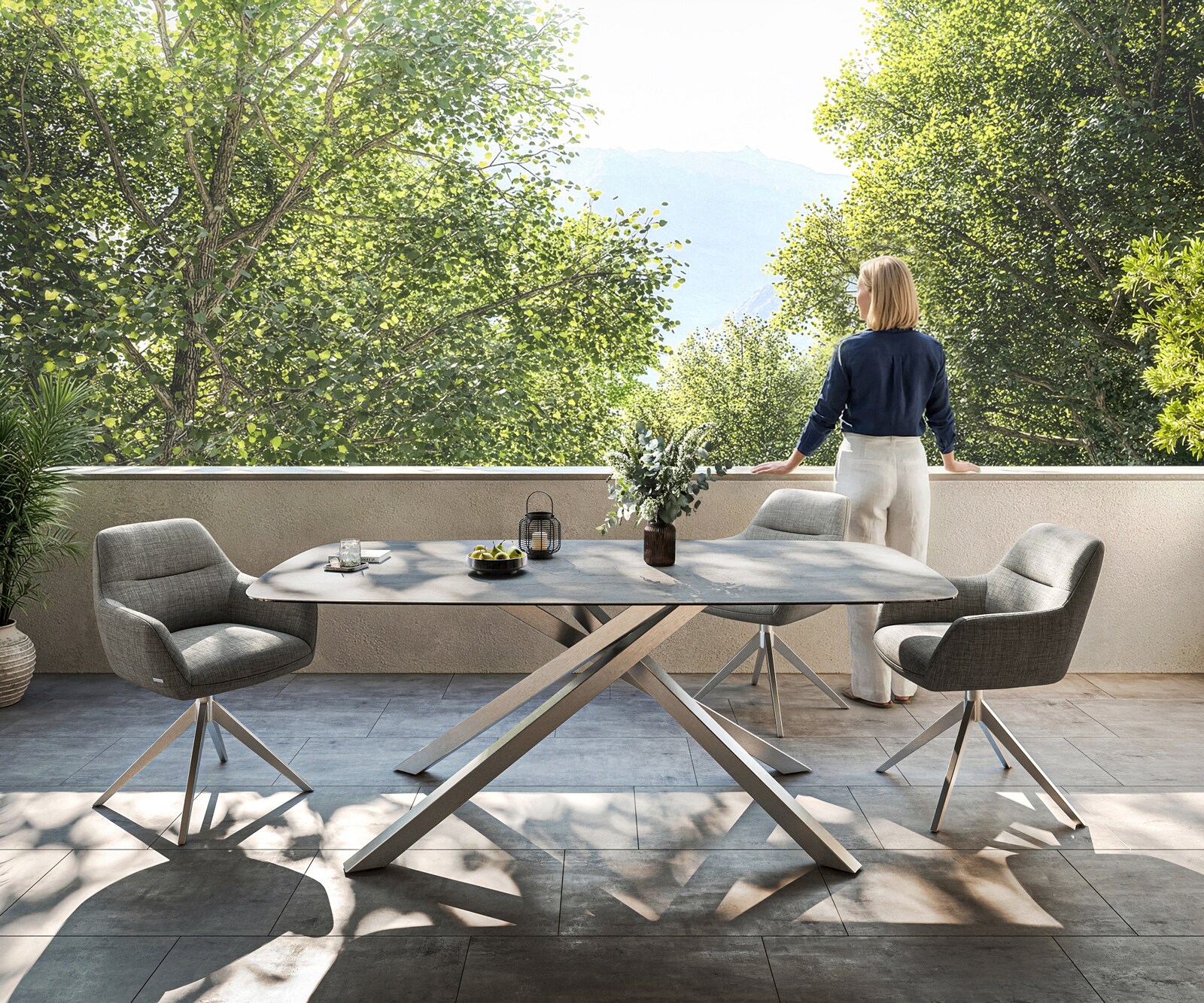 Outdoortafel Edge boot 200x100 cm keramiek beton grijs kruisframe rechthoekig roestvrij staal