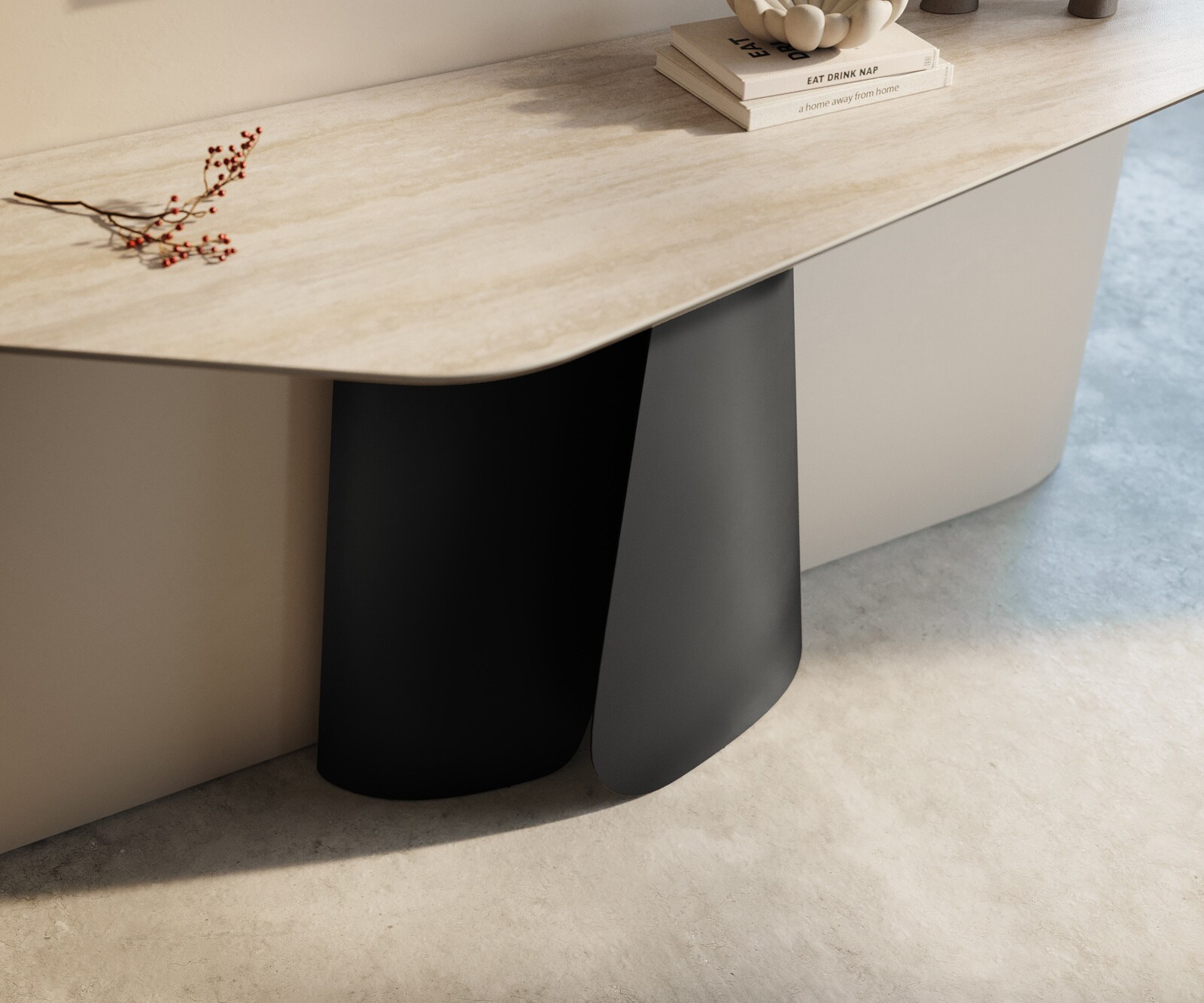 Consoletafel Edge Polygonaal 140x50 cm Keramiek Laminam® Travertino Bianco Creme-Weiß Livos Metaal Zwart 6