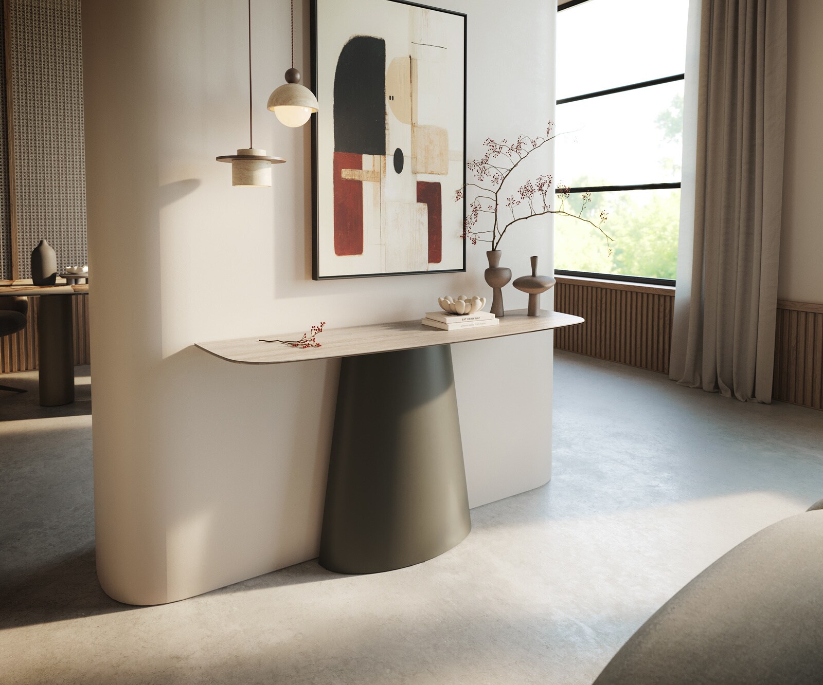 Consoletafel Edge Bootvorm 140x40 cm Keramiek Laminam® Travertino Bianco Creme-Weiß Conos Metaal Effektfinish Titan 4