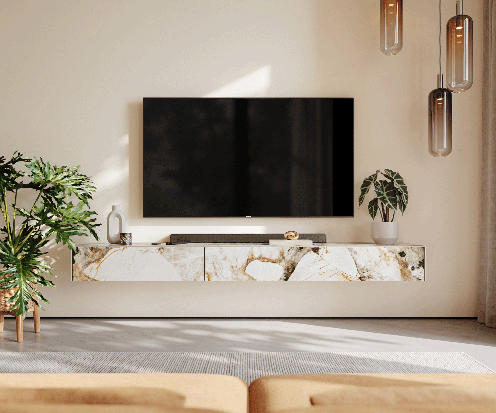 Tv-meubel Cuor 200 cm Keramiek Patagonia gepolijst 1 Flap 1 Laden Zwevend 2