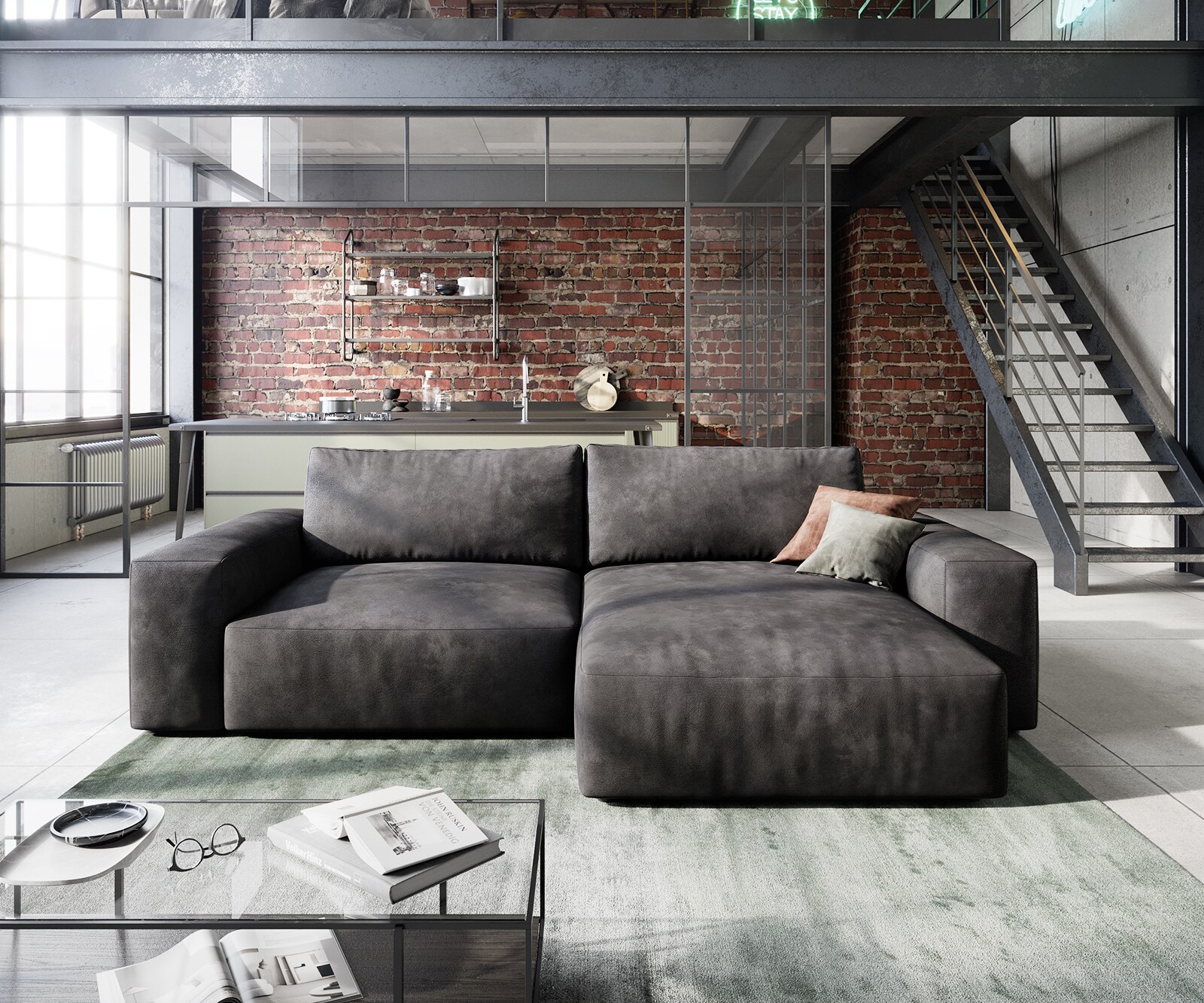Hoeksofa Lanzo 230x155 cm kunstleer vintage antraciet met variabele recamière 1