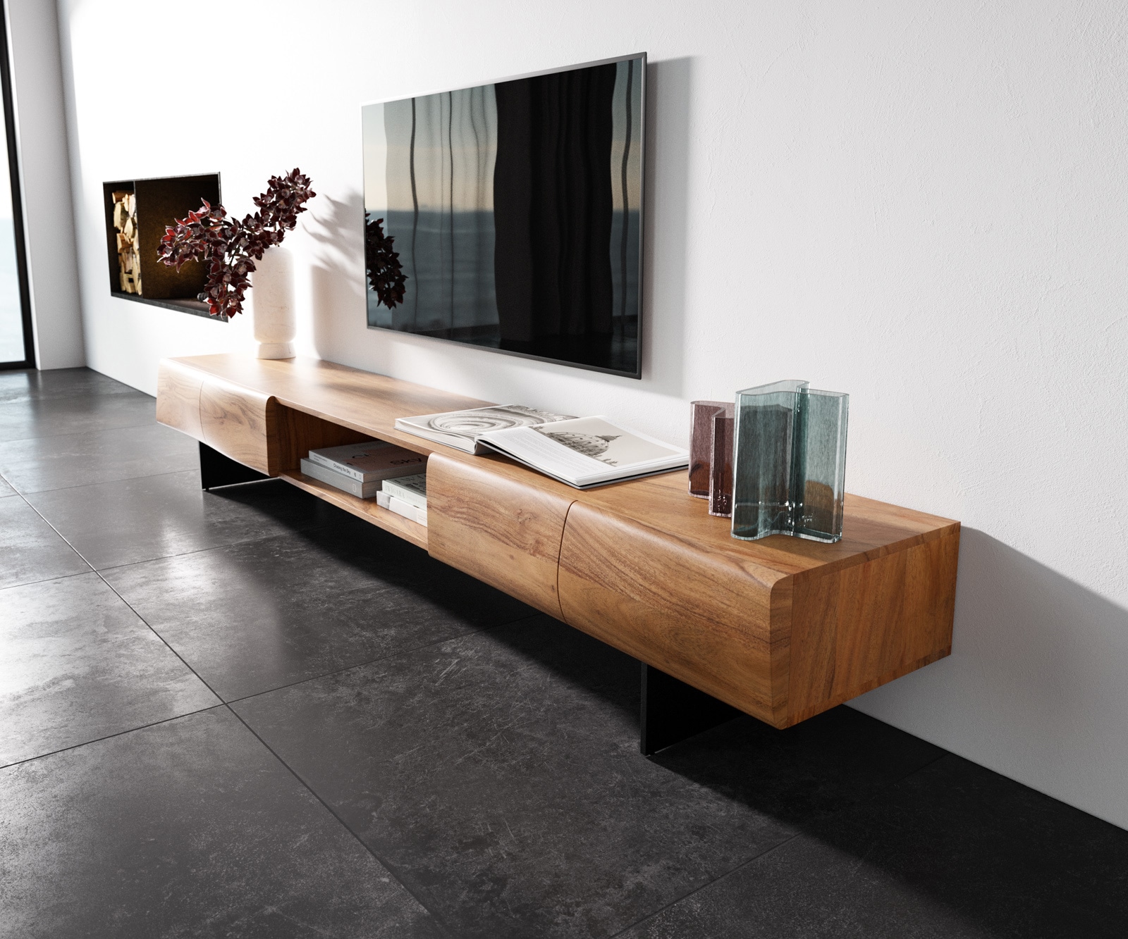 TV-meubel New Live-Edge 240 cm acacia natuur 4 deuren 1 vak zwevende poot metaal zwart 1 TV-meubel New Live-Edge 240 cm acacia natuur 4 deuren 1 vak zwevende poot metaal zwart 1