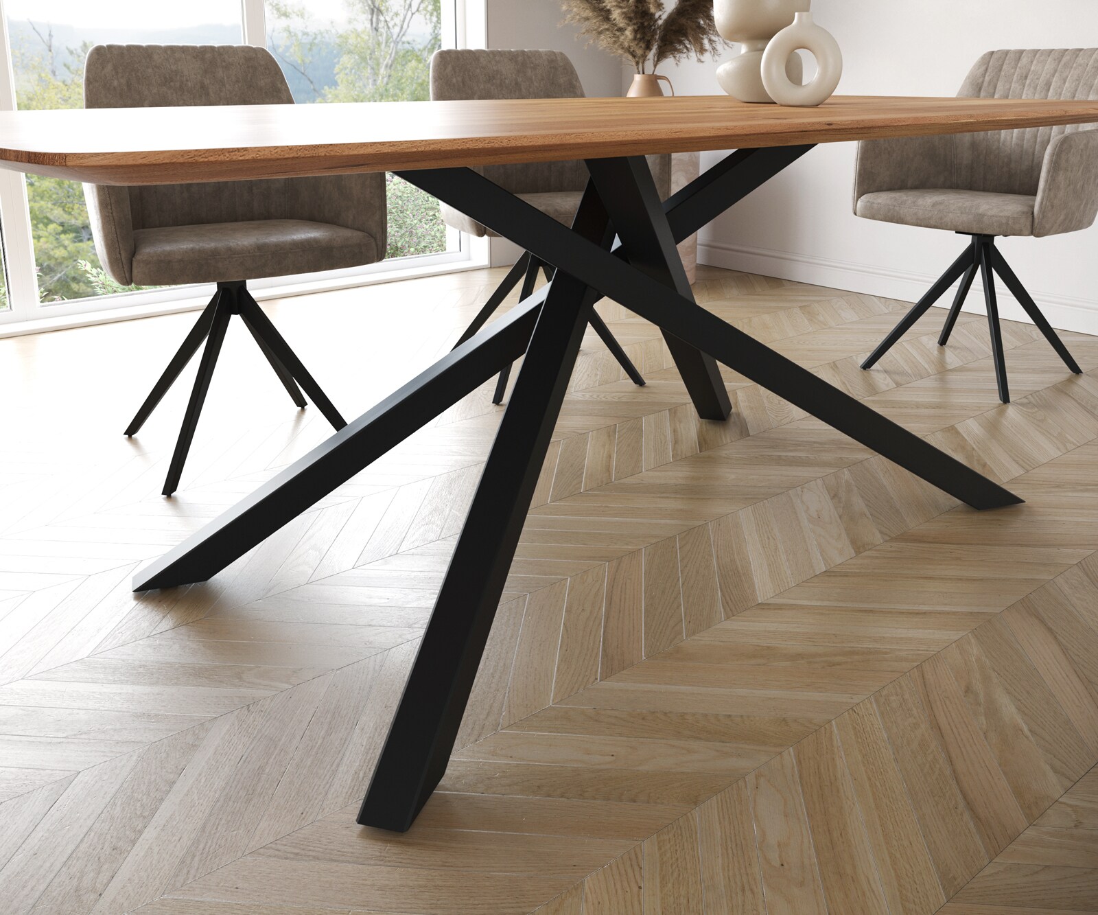 Eettafel Edge Boot 200x100 acacia natuur kruisframe rechthoek zwart  Schweizer Kante 5