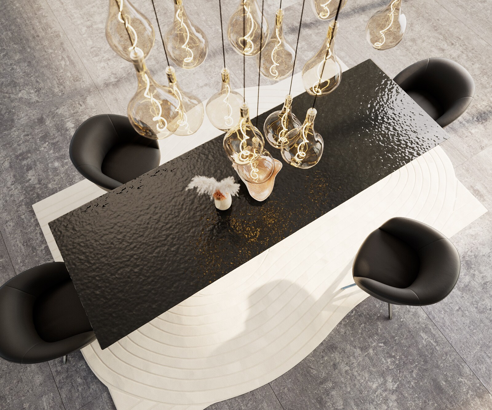 Eettafel Edge 300x100 Reliefglas zwart 3D-Design Estelar rond  metaal zwart 3