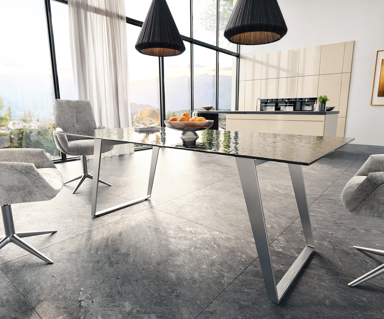 Eetkamertafel Edge 200x100 Glas smelten rokerig zwart 3D-Relief RVS schuin 3