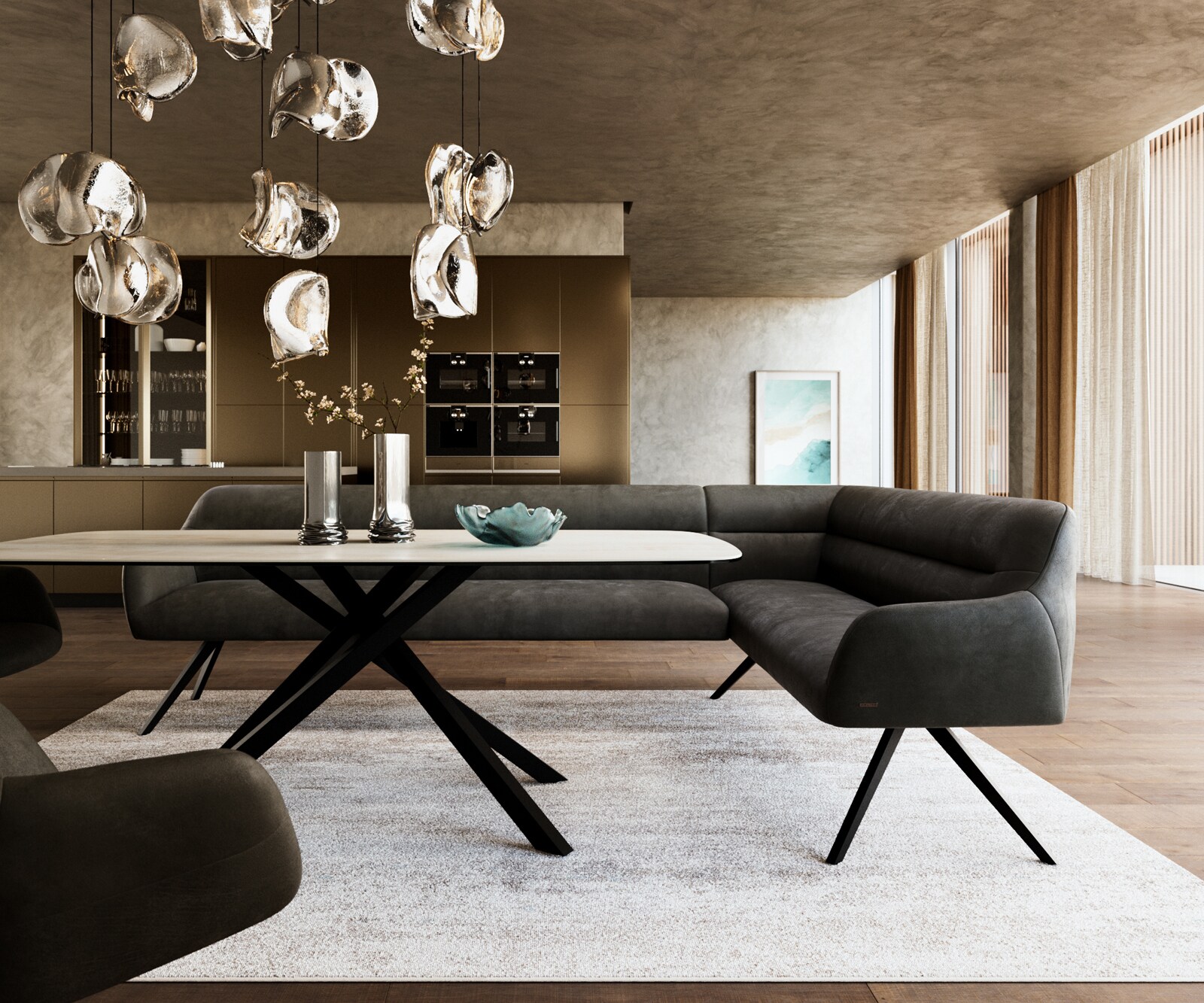 Eetkamerbank Taya-Flex 285x190 cm microvelours anthraciet vintage hoekig kruisframe zwart pocketvering links 2