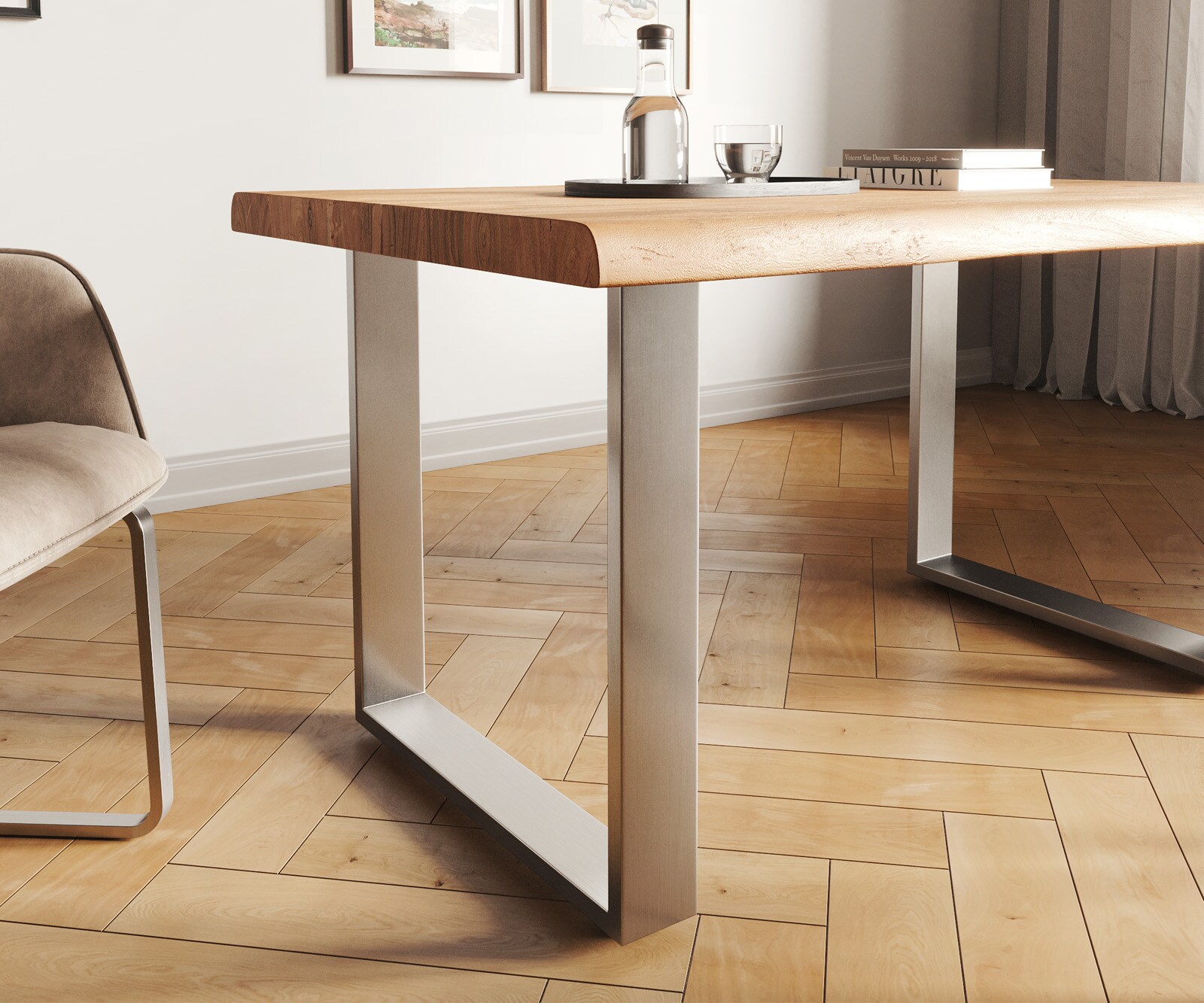 Eettafel Edge 140x90 XL acacia natuur roestvrijstaal smal Live-Edge 4