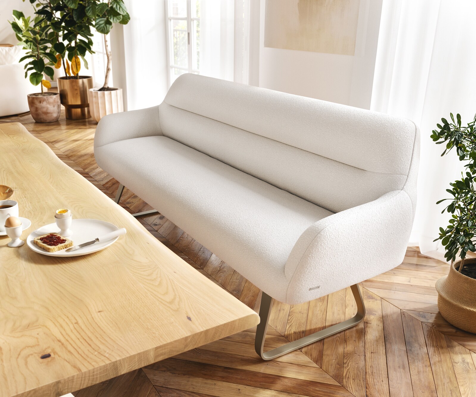 Eetkamerbank Taya-Flex 200 cm bouclé crème-wit platte sledebasis afwerking met titaniumeffect pocketvering