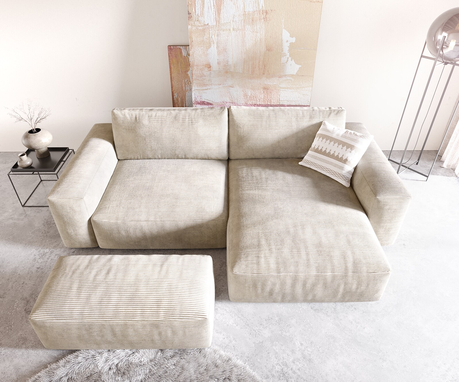 Hoekbank Lanzo XL 270x180 cm Cord Beige Recamiere variabel met poef 3