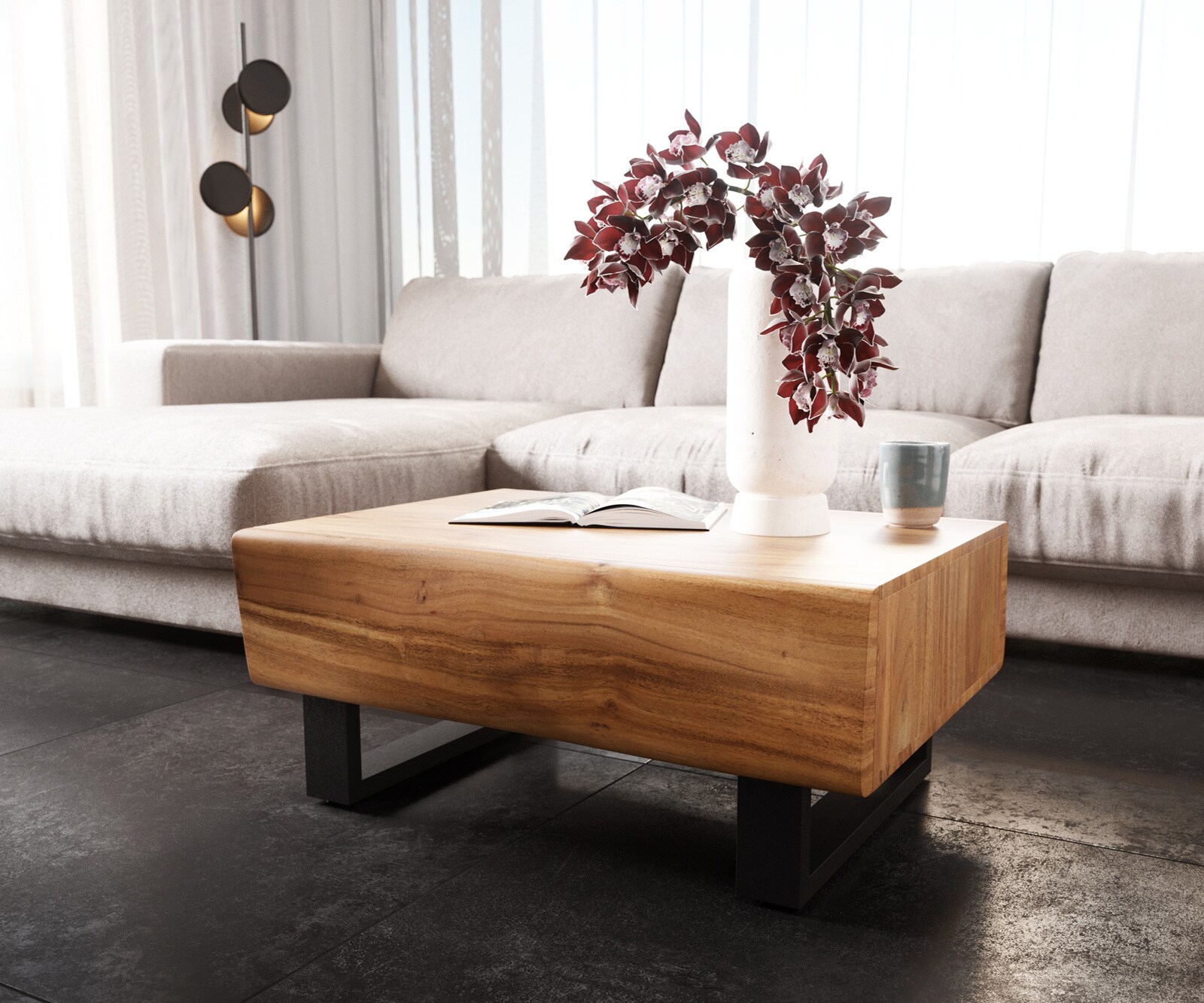 Salontafel New Live-Edge 80x60 cm acacia natuur 2 schuifladen Kufe metaal zwart  3