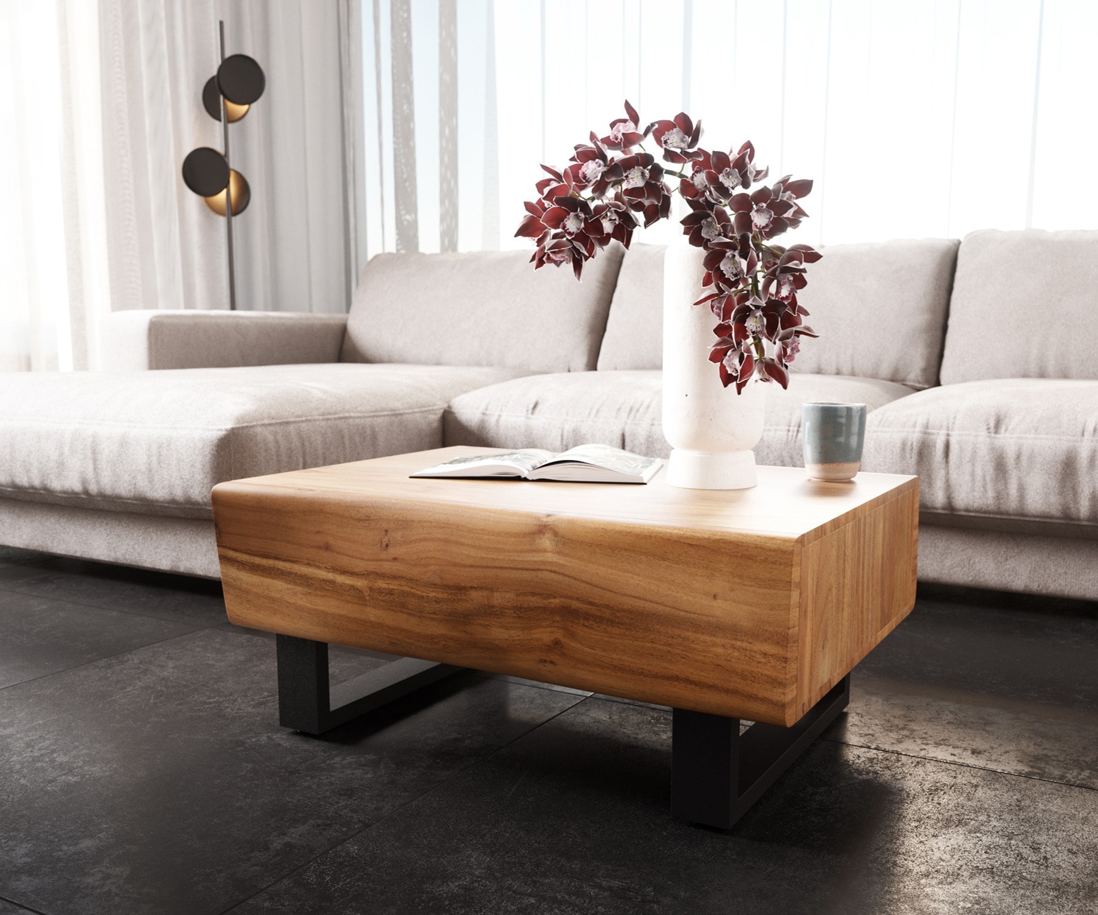 Salontafel New Live-Edge 80x60 cm acacia natuur 2 schuifladen Kufe metaal zwart  3 Salontafel New Live-Edge 80x60 cm acacia natuur 2 schuifladen Kufe metaal zwart  3