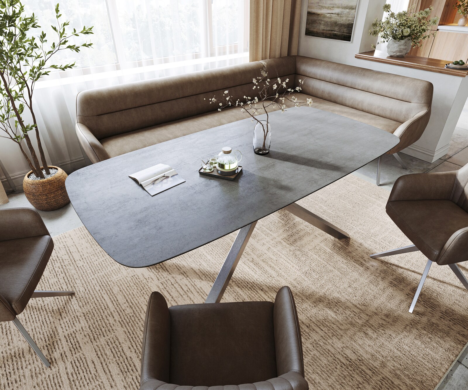 Eettafel Edge boot 200x100 cm keramiek beton grijs kruisframe rechthoekig roestvrij staal 3