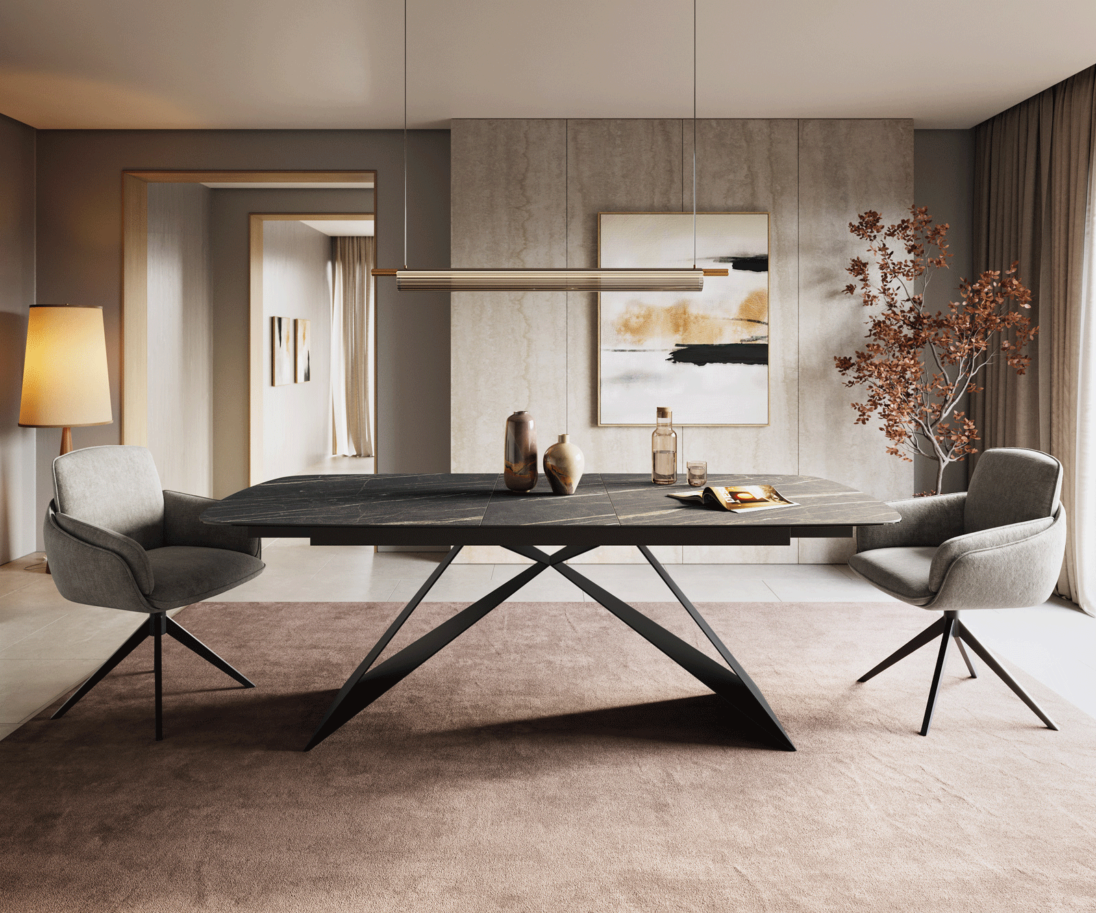 Eettafel Edge Boot 180-220x100 cm Laminam® Keramiek Noir Desir Braun V-onderstel Flachstahl Zwart uitschuifbaar 2