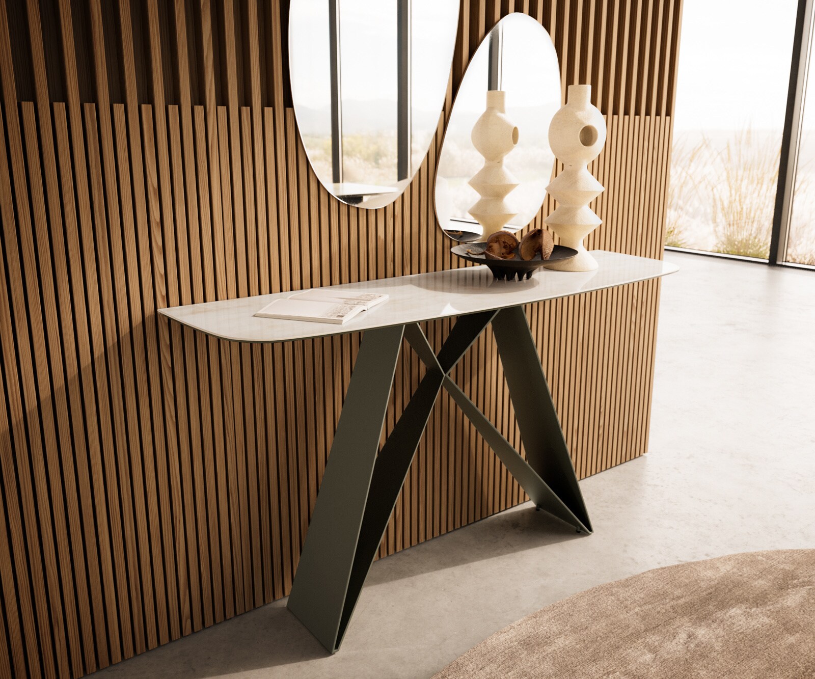 Consoletafel Edge Bootvorm 140x40 cm Keramiek Onyx Champagne Velio Metaal Effektfinish Titan 4